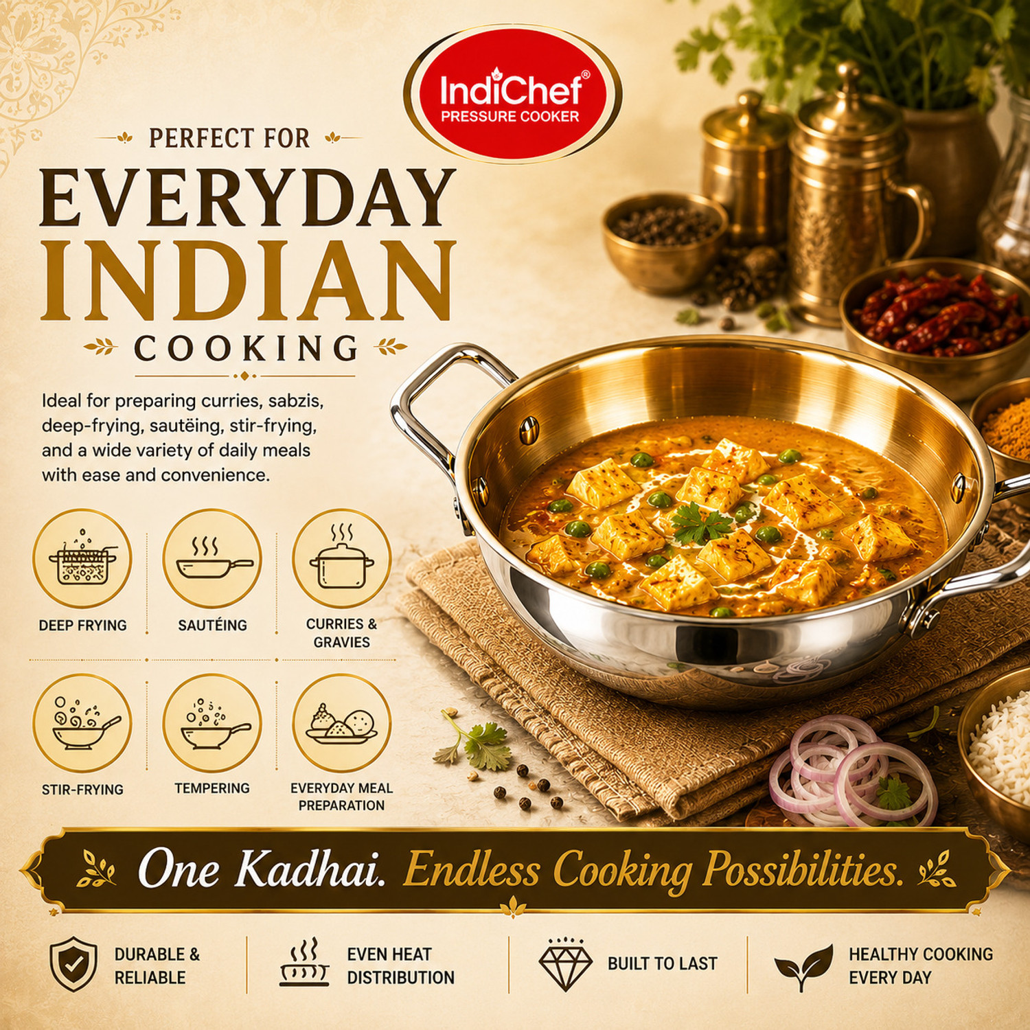 Image of IndiChef Brass Triply Kadahi in Heavy Weight | Gas Stove & Induction Friendly Kadhai 26 cm diameter 3 L capacity (Brass, Non-stick, Induction Bottom)