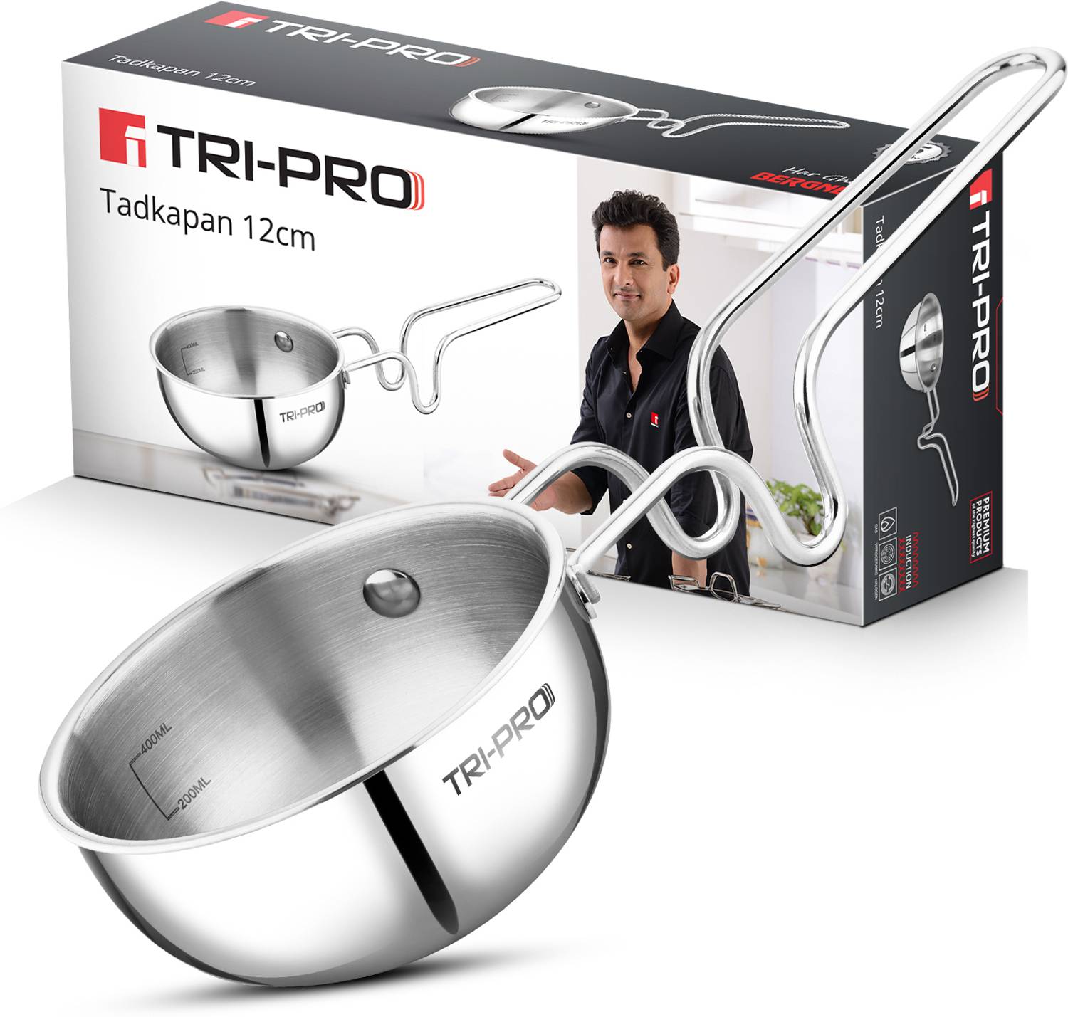 BERGNER Tripro Triply Tadka Pan / Vagar Pan with Induction Bottom, Tadka Pan 12 cm diameter 0.4 L capacity