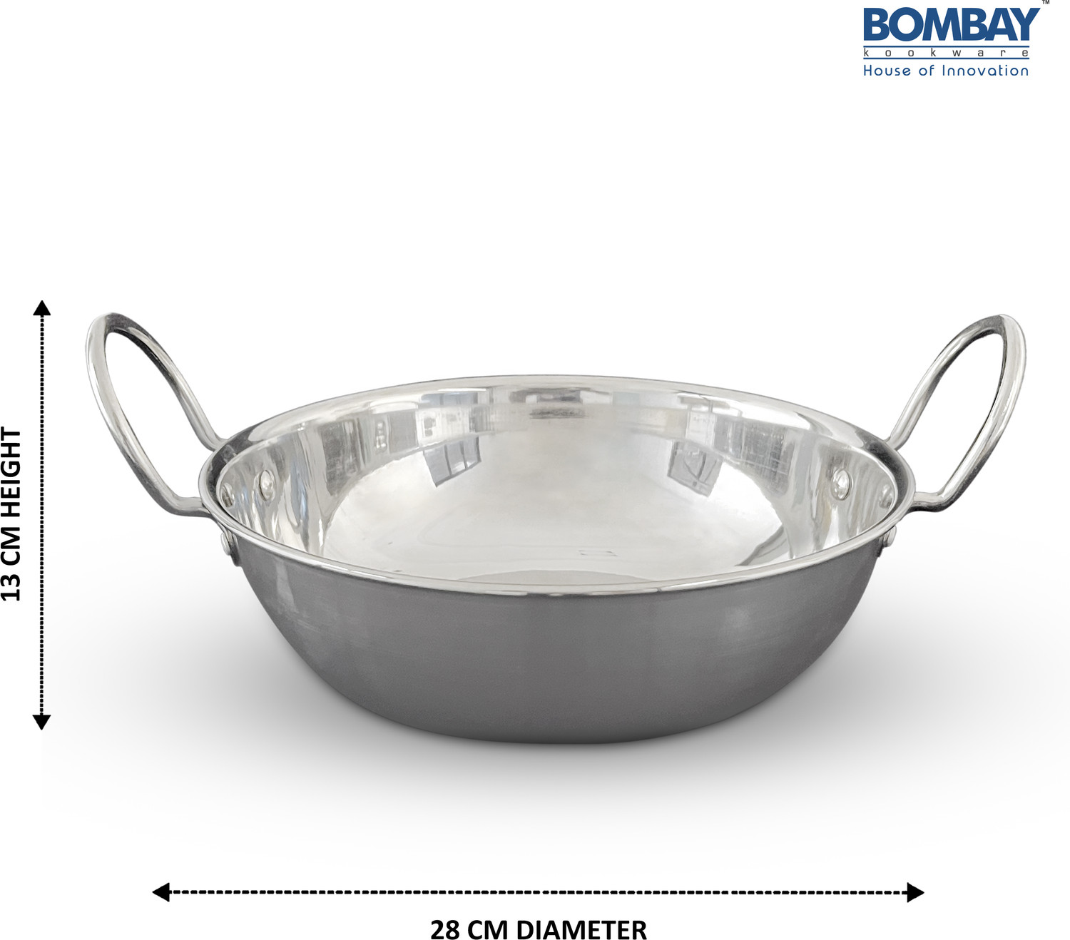 Image of Bombay Kookware Stainless Steel Kadhai /Cookware Kadhai 2500 ML Without Lid for Cooking Kadhai 28 cm diameter 2.5 L capacity