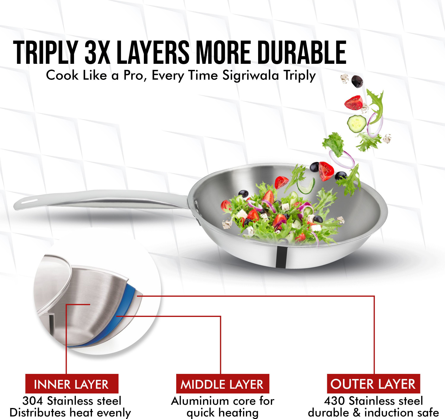 Image of Sigri-wala Cook Healthy Triply Fry Pan 20 cm diameter 1.1 L capacity