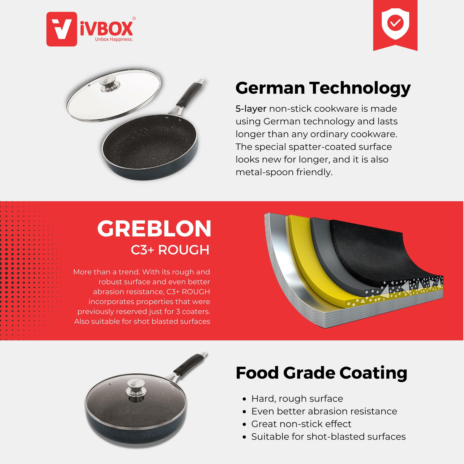 Image of iVBOX Ruff & Tuff 4mm-Thick Non-Stick induction Bottom Frying Pot with Glass Lid Fry Pan 26 cm diameter with Lid 2 L capacity