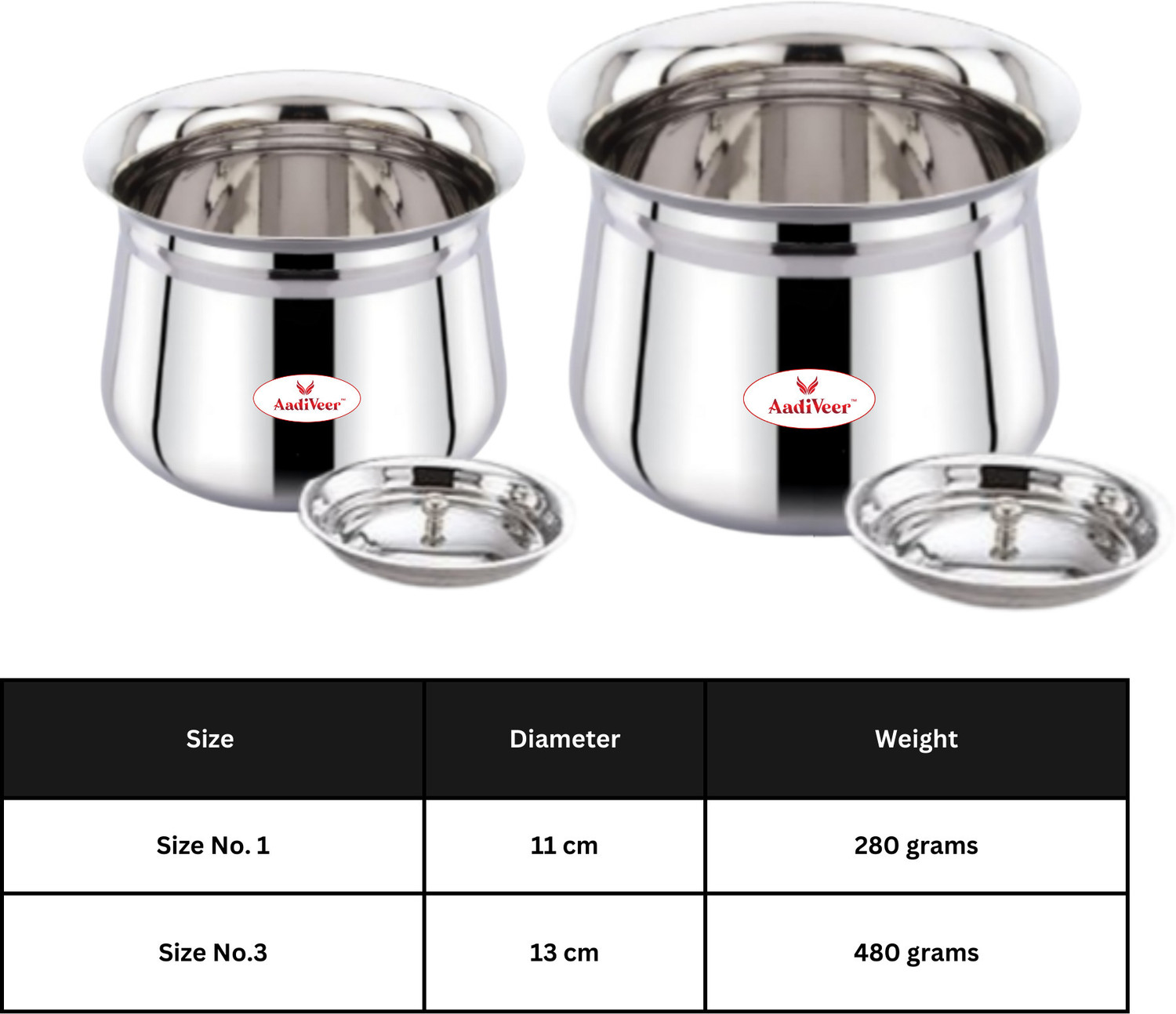 Image of AadiVeer 20G Stainless Steel Handi | Milk Pot | Steel Pot | Dahi Handi With Lid Pot 11 cm, 13 cm diameter 0.4 L, 1 L capacity with Lid