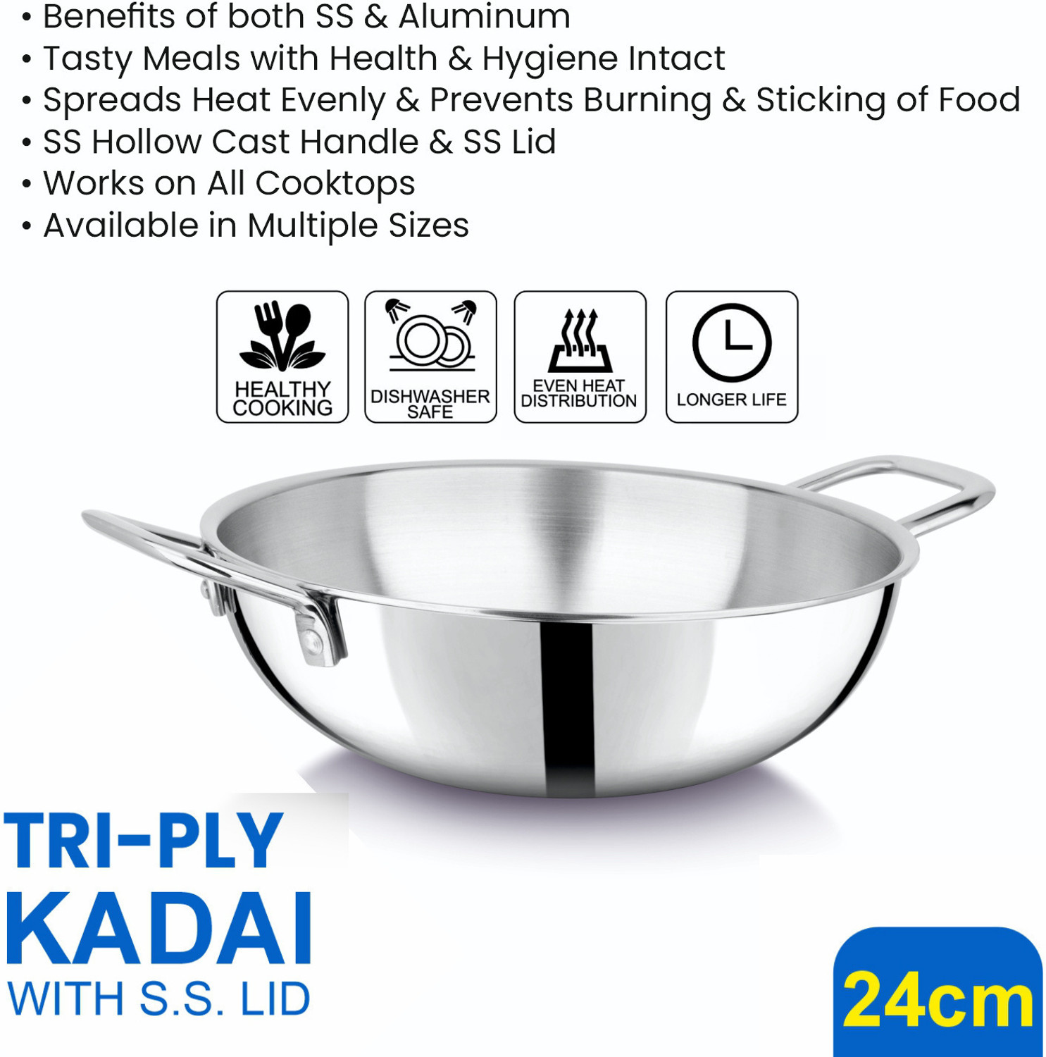 Image of Flipkart SmartBuy Triply Stainless Steel Extra Deep Kadai with Lid & Wide Grip Handles Kadhai 24 cm diameter with Lid 3.3 L capacity