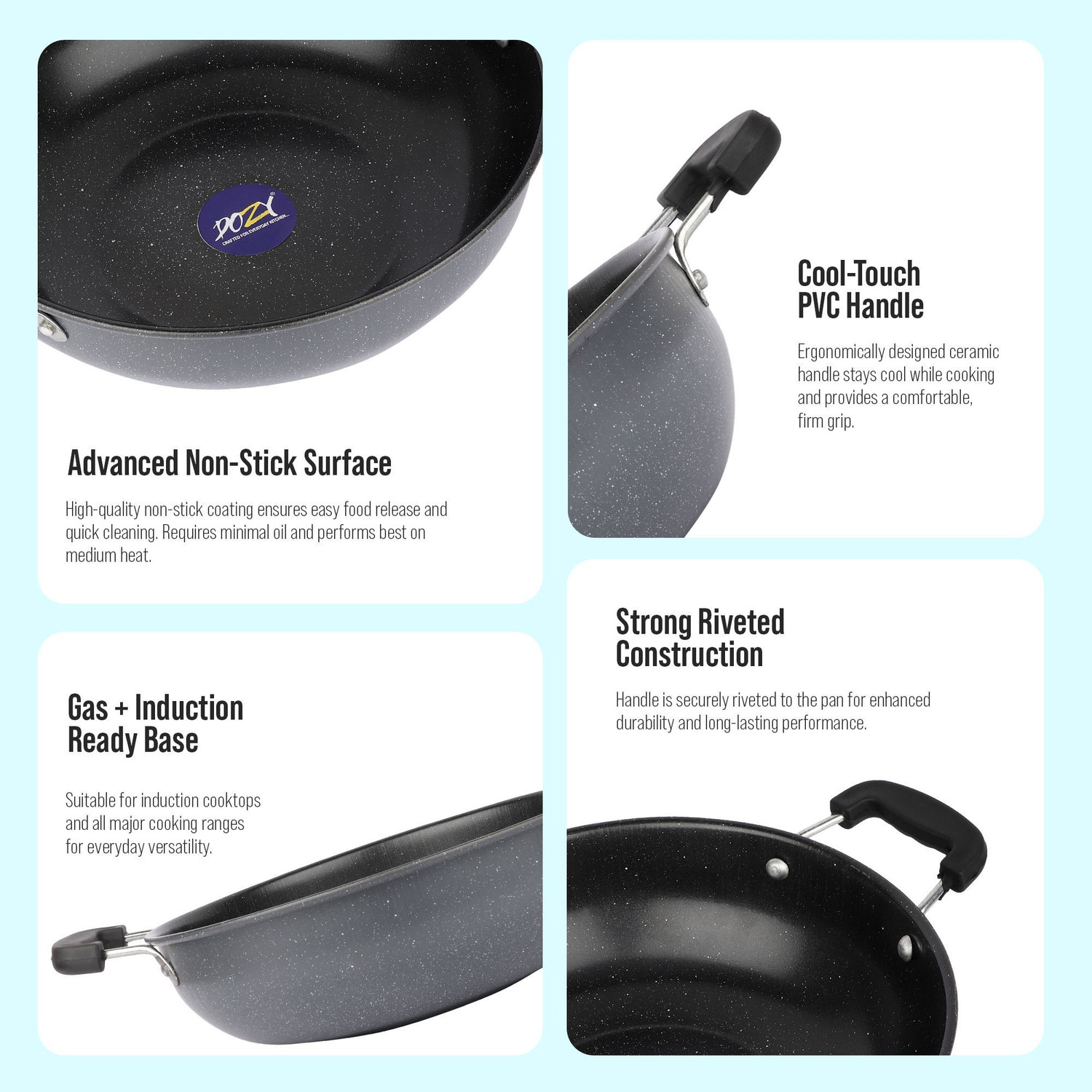 Image of Dozy IronRich Pro 28cm Low-Flame Nonstick Induction Kadhai Pan Kadhai 28 cm diameter 3 L capacity