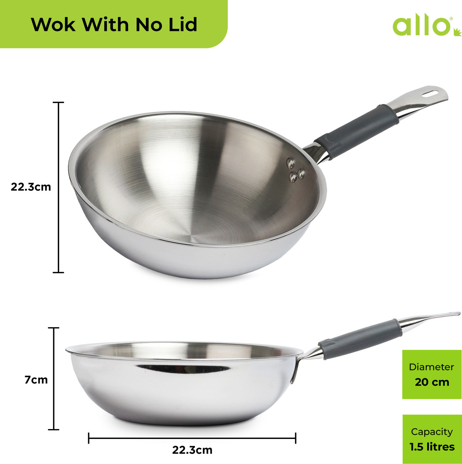 Image of Allo CookSafe TriPly Stainless Steel Naturally Non Stick Wok 1.5 L capacity 20 cm diameter