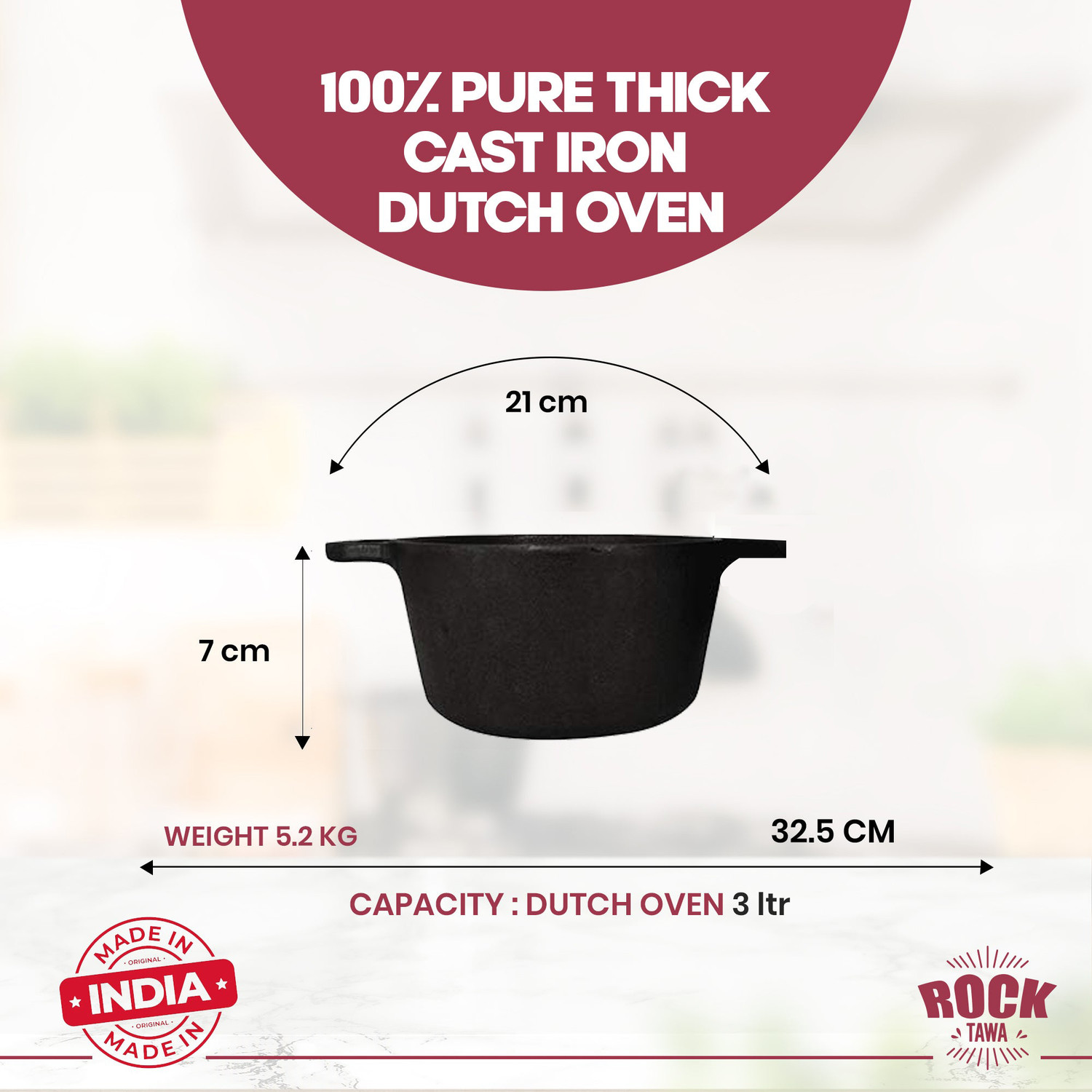 Image of Rock Tawa Cast Iron Combo 3Lts Dutch Oven / 8 Inch Pan Pre-Seasoned Pot 20.3 cm diameter 3 L capacity