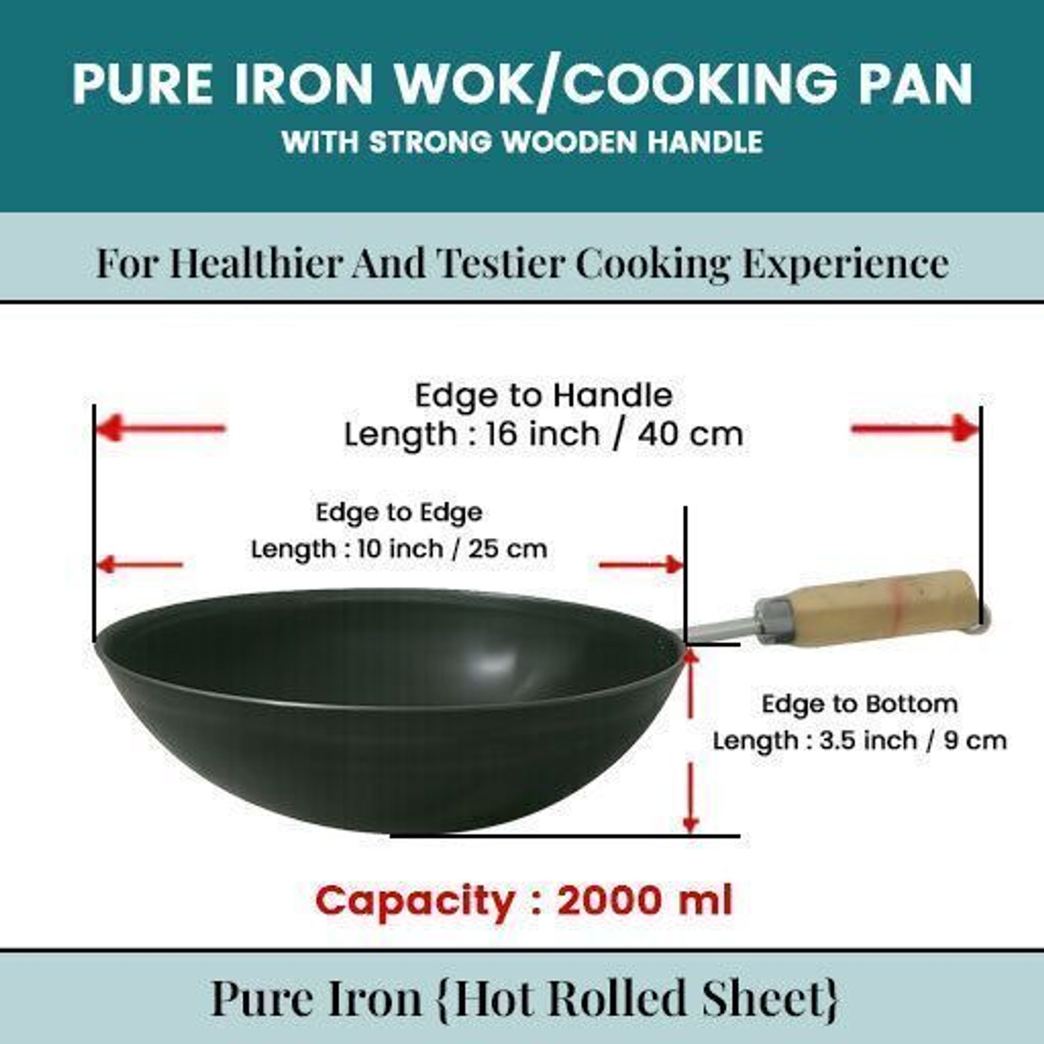 Image of VeerEnterprises Pure Iron /Loha Black Deep Kadai /Wok With Wooden Handle 10 Inch Stir Fry Pan 25 cm diameter 2 L capacity