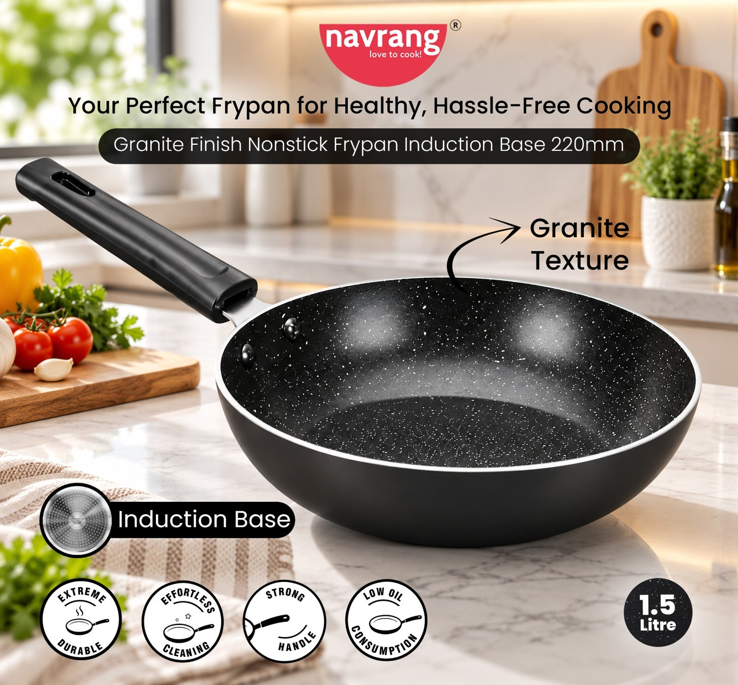 Image of NAVRANG NAVARANG Induction Base Fry Pan Non-stick Aluminum Granite Texture Fry Pan 22 cm diameter 1.5 L capacity