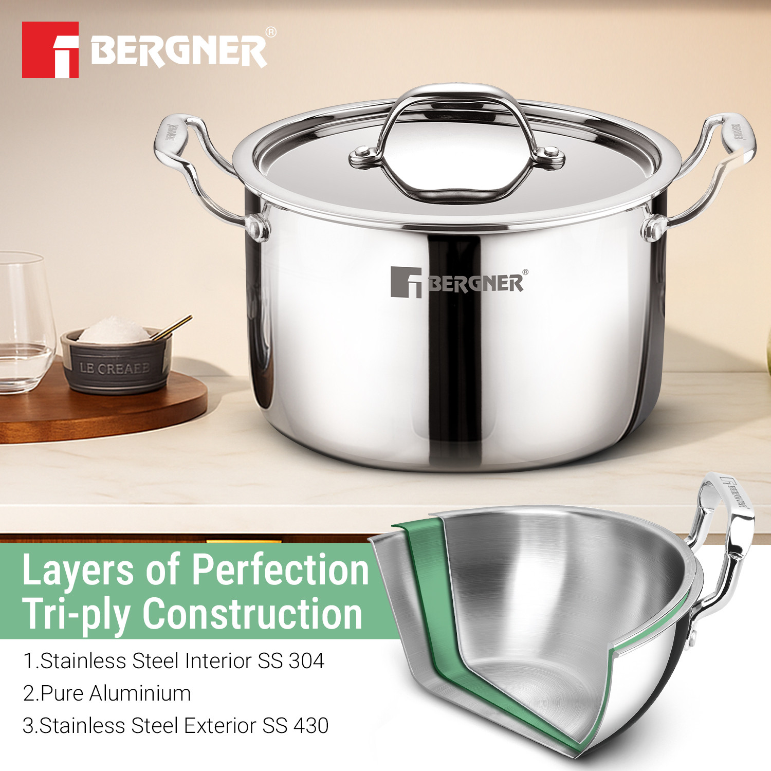 Image of BERGNER Argent Samsara Triply Stock Pot with Stainless Steel Lid, Handi / Casserole, Pot 28 cm diameter 10 L capacity with Lid