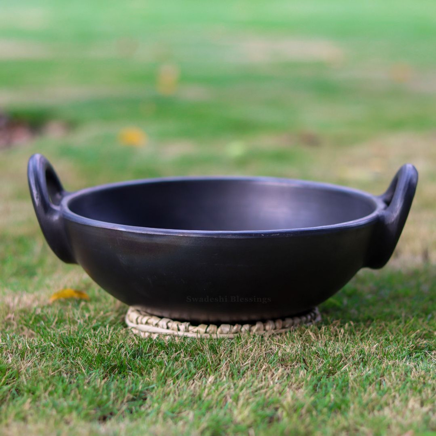 Image of Swadeshi Blessings Unglazed Clay Pot for Cooking | Black Earthen Kadhai | Terracota Kadhai Kadhai 25 cm diameter 1.8 L capacity