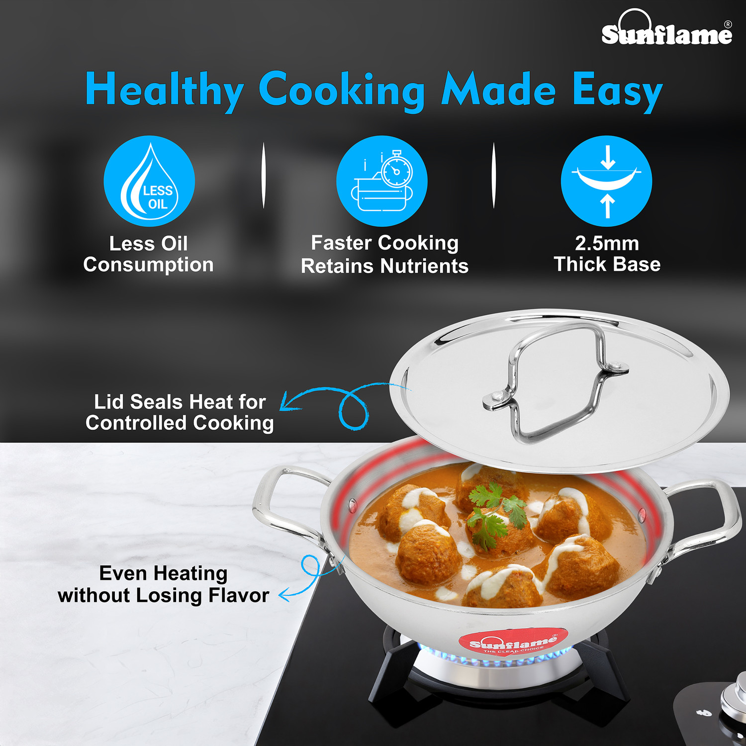 Image of Sunflame Triply Kadhai 26 cm with Lid | 5 Year Warranty, Induction Compatible | Kadhai 26 cm diameter with Lid 3.7 L capacity (Triply, Induction Bottom)
