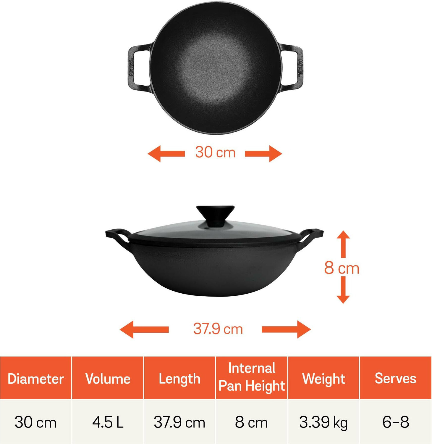 Image of Meyer Pre Seasoned Cast Iron Kadai|Iron Kadhai with Lid for Cooking and Stir Frying Kadhai 30 cm diameter with Lid 3.2 L capacity