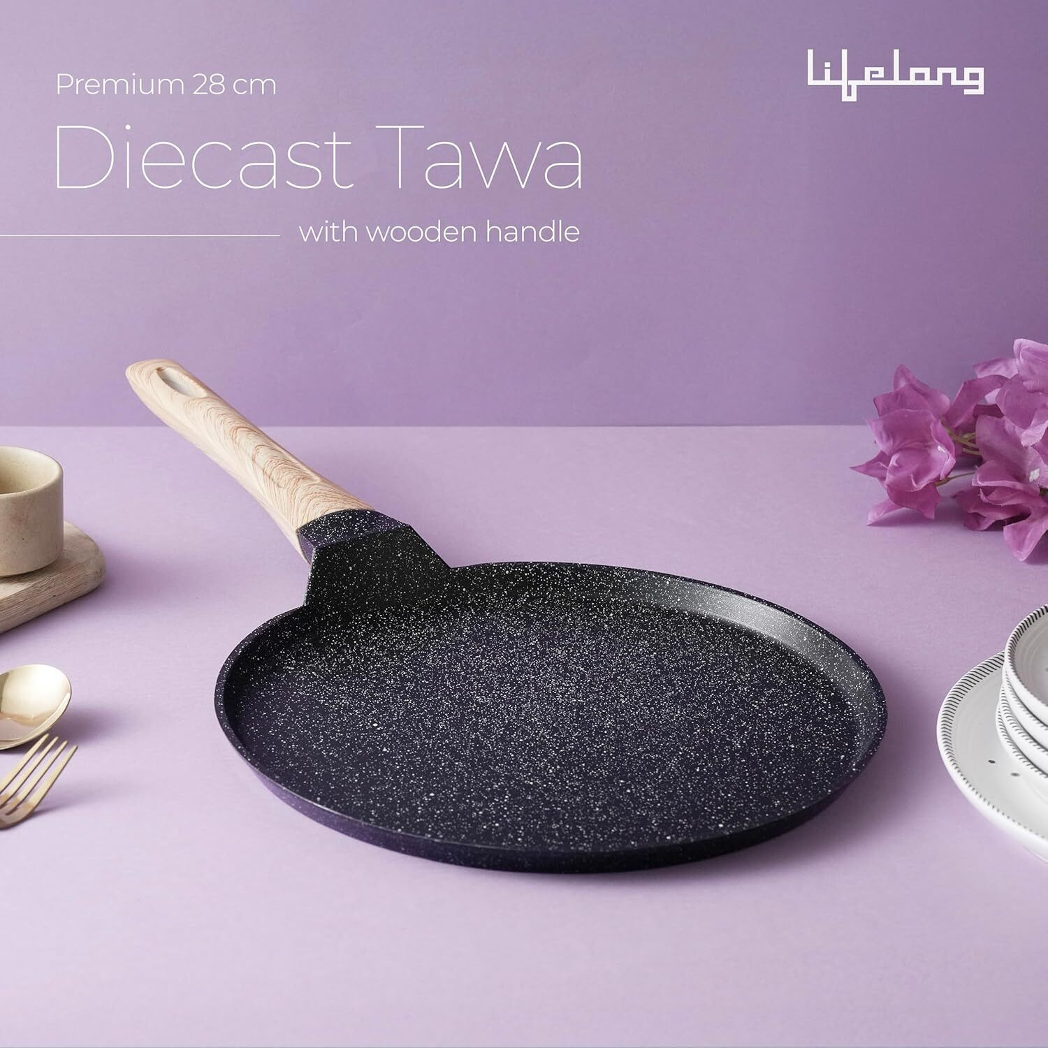 Image of Lifelong Die-Cast Flat Dosa Tawa with Wooden Handle & Spatula (Roti /Chapati) Tawa 28 cm diameter (Aluminium, Non-stick, Induction Bottom)