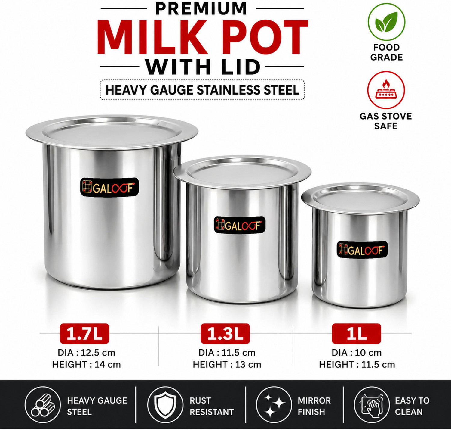Image of GALOOF Stainless Steel Milk Pot Set with Lid 1L 1.3L 1.7L Heavy Gauge Milk Boiler Tope /Bhagona /Patila Set with Lid 1 L, 1.3 L, 1.7 L capacity 10 cm, 11 cm, 12 cm diameter