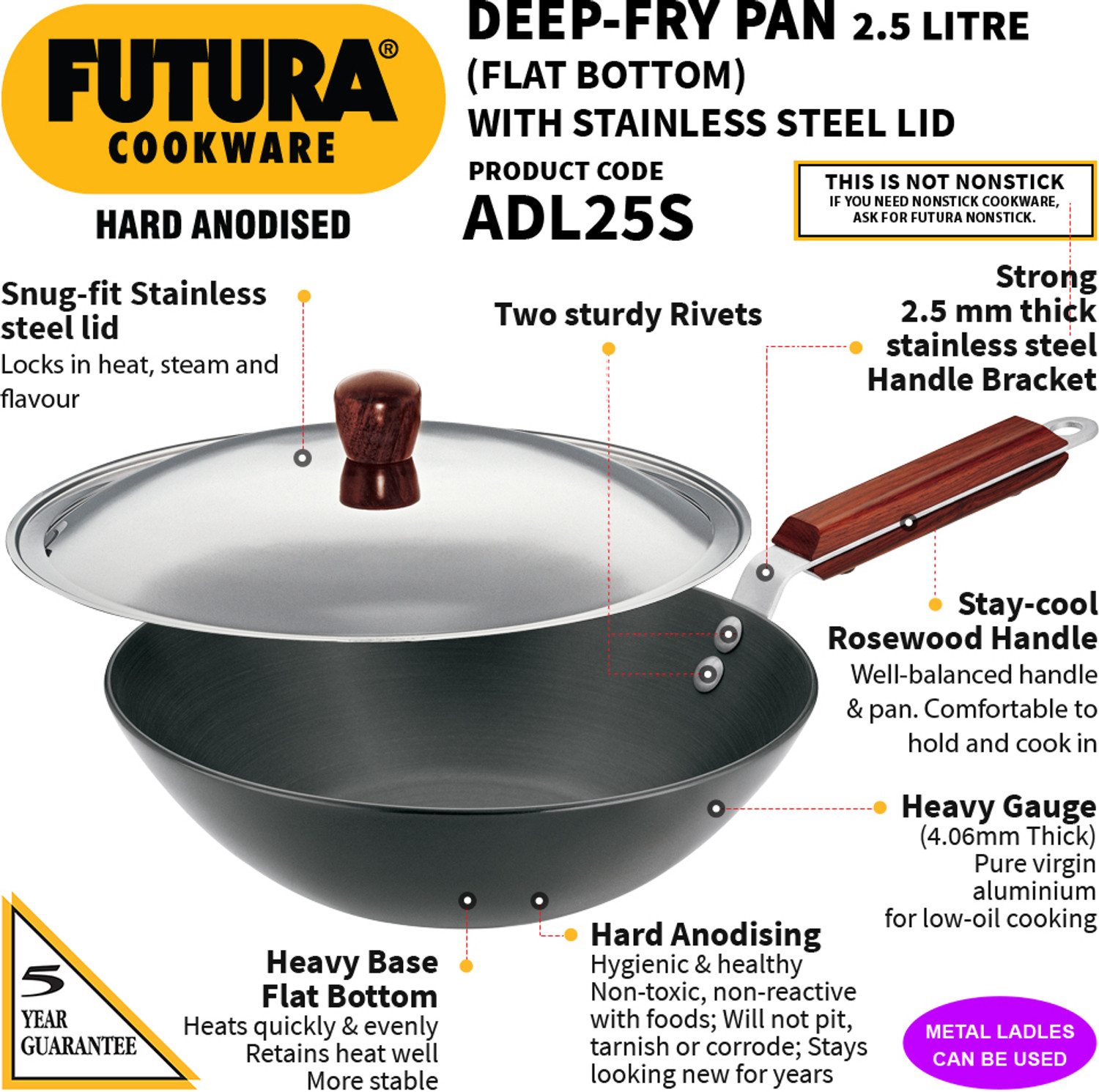 Image of Hawkins Deep Stir-Fry Pan (ADL25S) Kadhai 26 cm diameter with Lid 2.5 L capacity