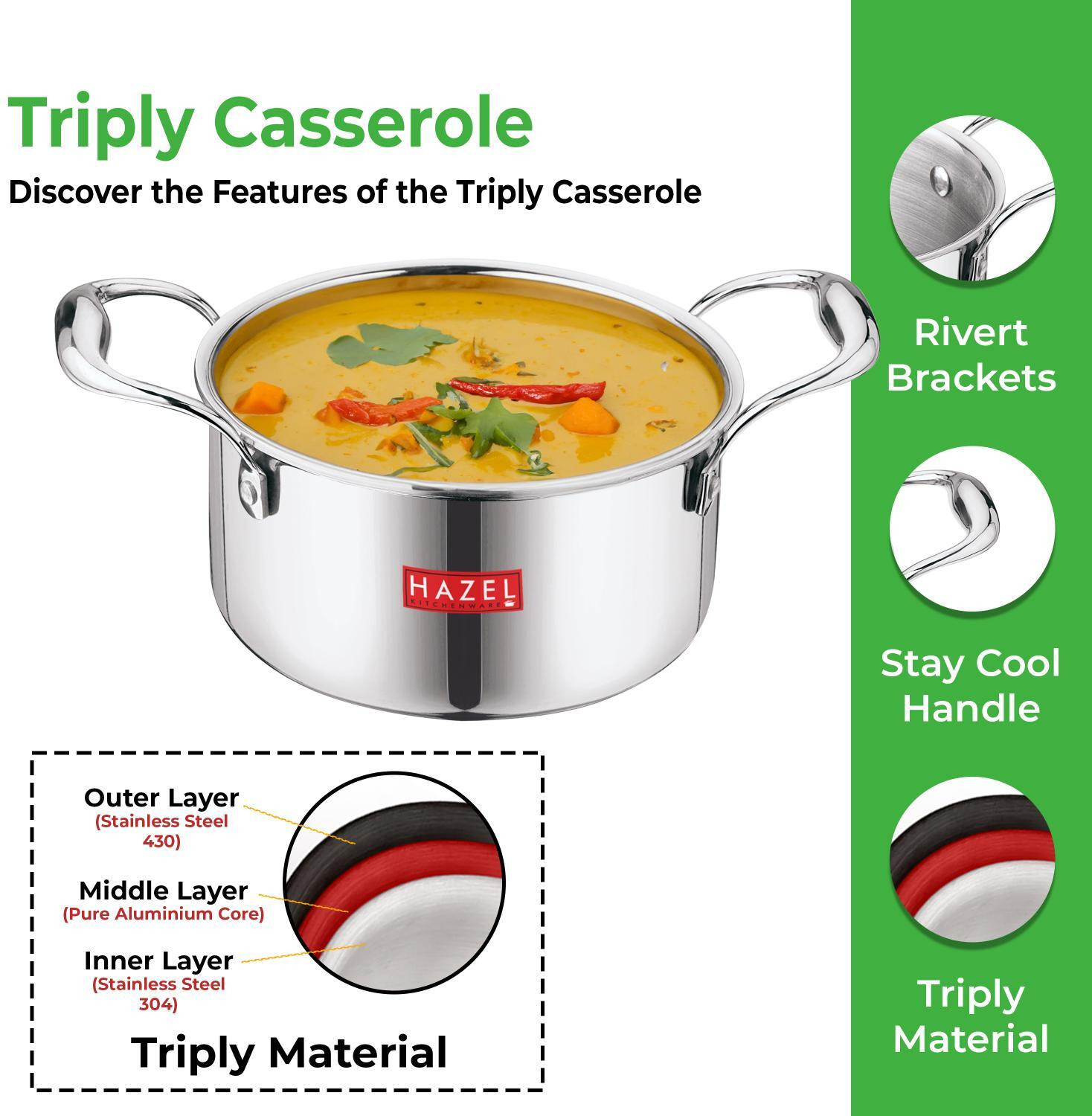 Image of HAZEL Stainless Steel Induction Bottom Tope with Handle, 20.5 cm Pot 20.5 cm diameter 3.6 L capacity