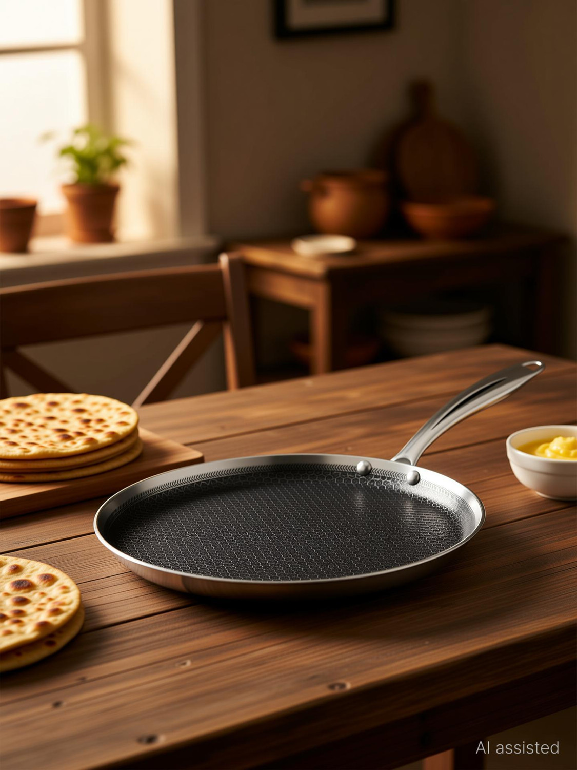 Image of MILTON ProCook Triply Hexa Tech Induction Stainless Steel Tawa,28cm, Honeycomb Nonstick Tawa 28 cm diameter