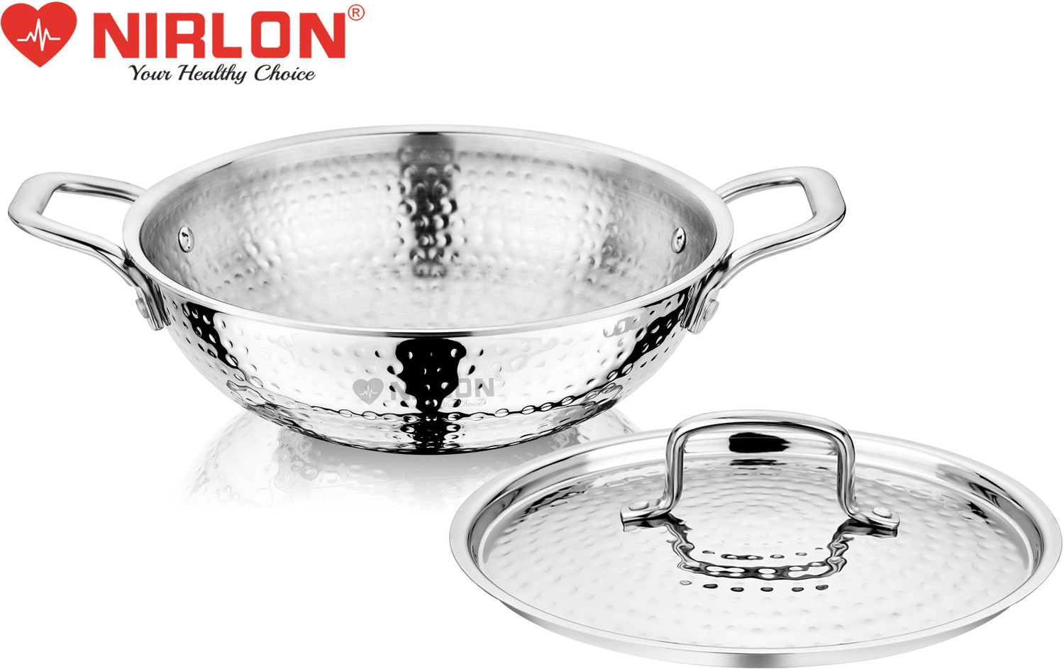 Image of NIRLON Hammered Triply Stainless Steel Deep Kadai /Wok /Kadhai with Stainless Steel Lid Kadhai 26 cm diameter with Lid 3.5 L capacity