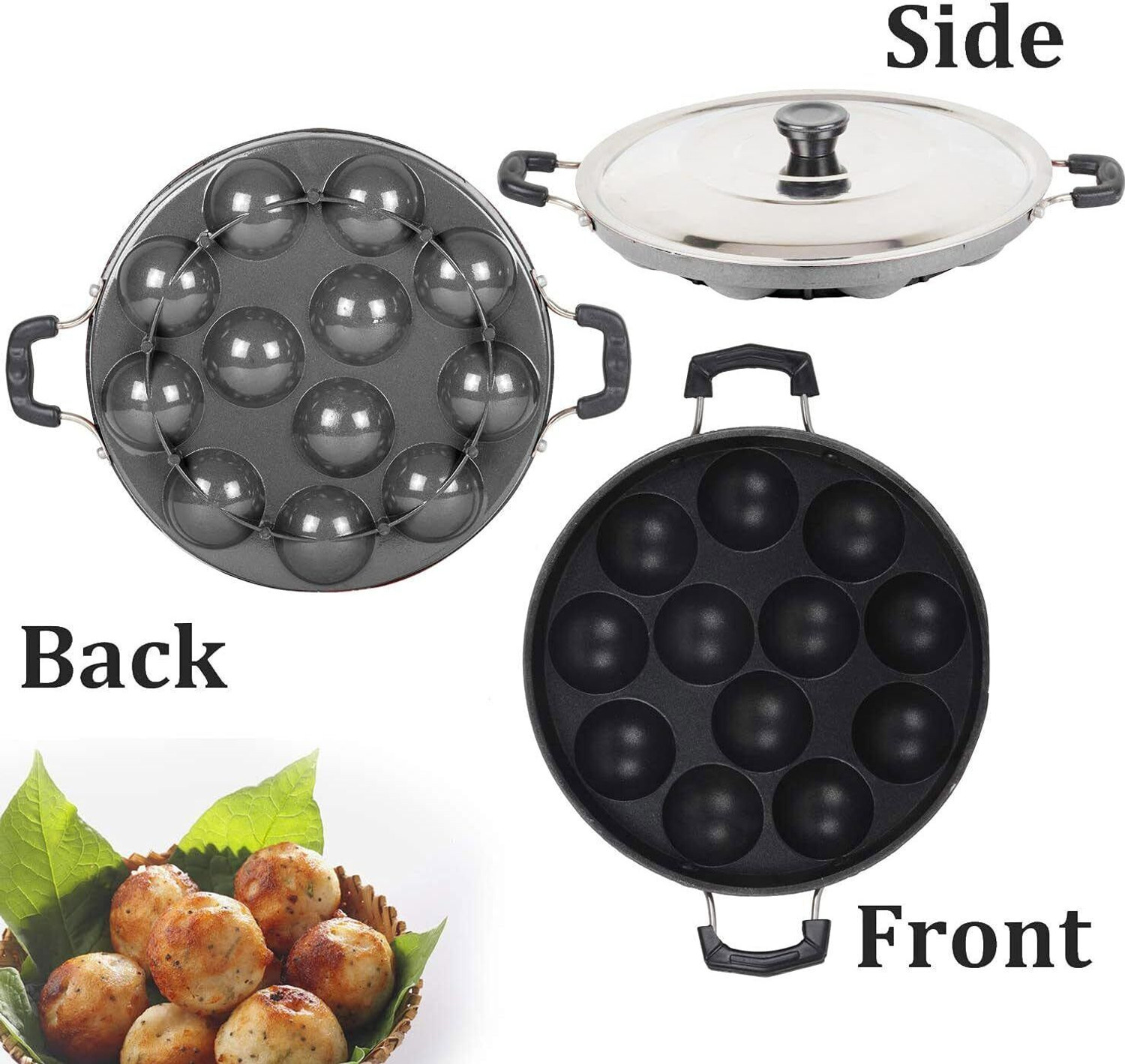 Image of DTM super appam patra with lid and handle / kulipaniyaram pan nonstick / appe / aapee Paniarakkal Pan 23 cm diameter with Lid 1 L capacity