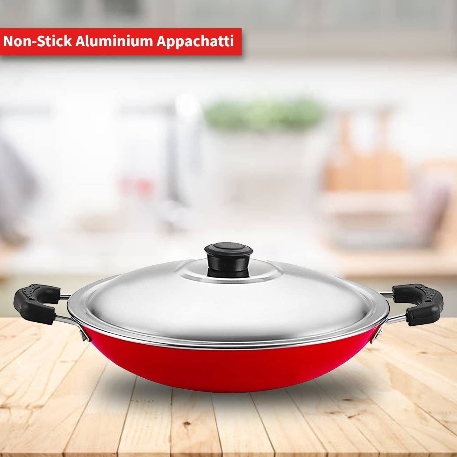 Image of Daraz Aluminium Appachatti with Stainless Steel lid, 2.6mm, Red, 23cm, Gas Compatible Paniarakkal Pan 23 cm diameter with Lid 1.5 L capacity
