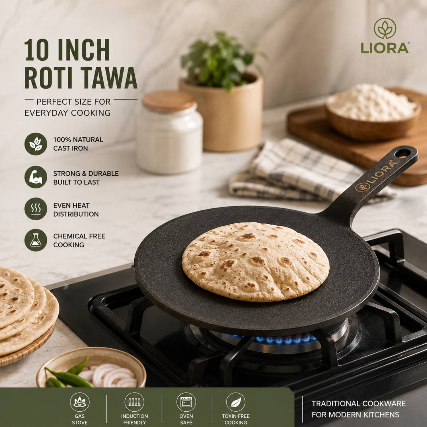 Liora Premium Cast Iron Roti Tawa With Silicon Handle | Toxins Free | Tawa 26 cm diameter — Tawa & Griddles