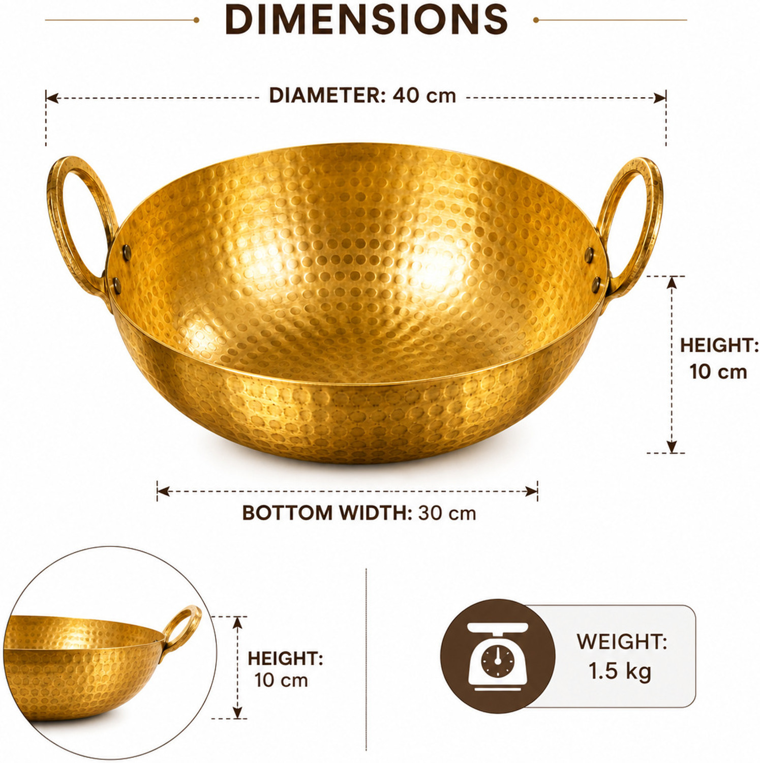 Image of Baipurna Brass Kadhai 5 Litre for Cooking Pital Big Size 1.5 Kg Heavy Weight Kadai Kadhai 37 cm diameter with Lid 5 L capacity (Brass, Non-stick)