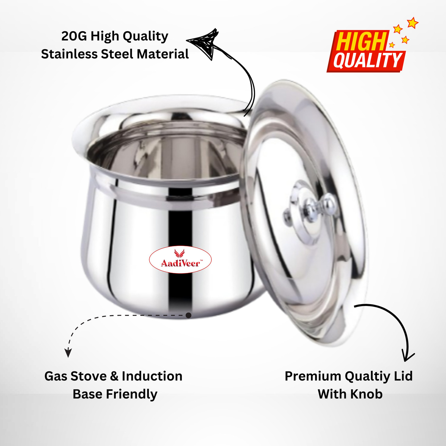 Image of AadiVeer 20G Stainless Steel Handi | Milk Pot | Steel Pot | Dahi Handi With Lid Pot 11 cm, 13 cm diameter 0.4 L, 1 L capacity with Lid