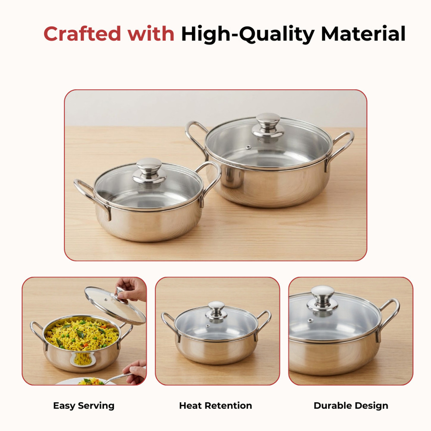 Image of VINOD Stainless Steel Elite Serving Bowls with Glass LId & Handle Handi 900 L, 1100 L with Lid