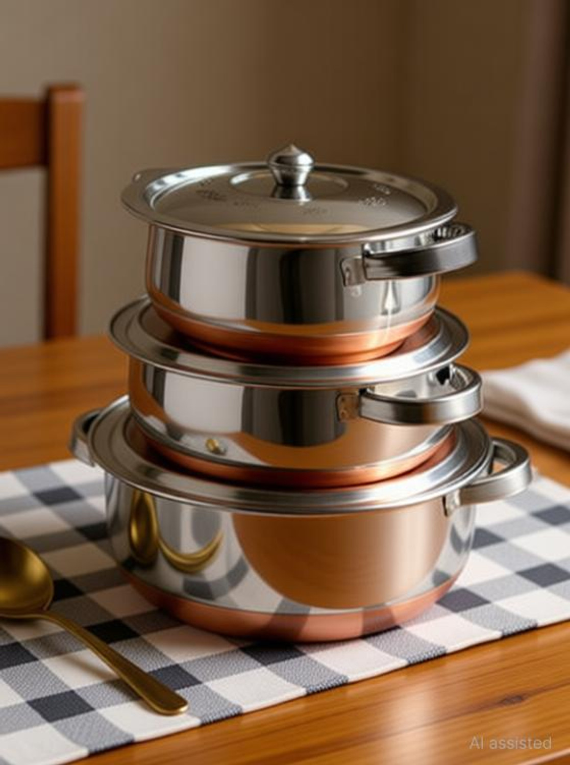 Image of KRB, Copper Handi Set 3 Pc Serving Cooking Bowl With Lid Handi 0.7 L, 1.5 L, 2 L with Lid (Stainless Steel)