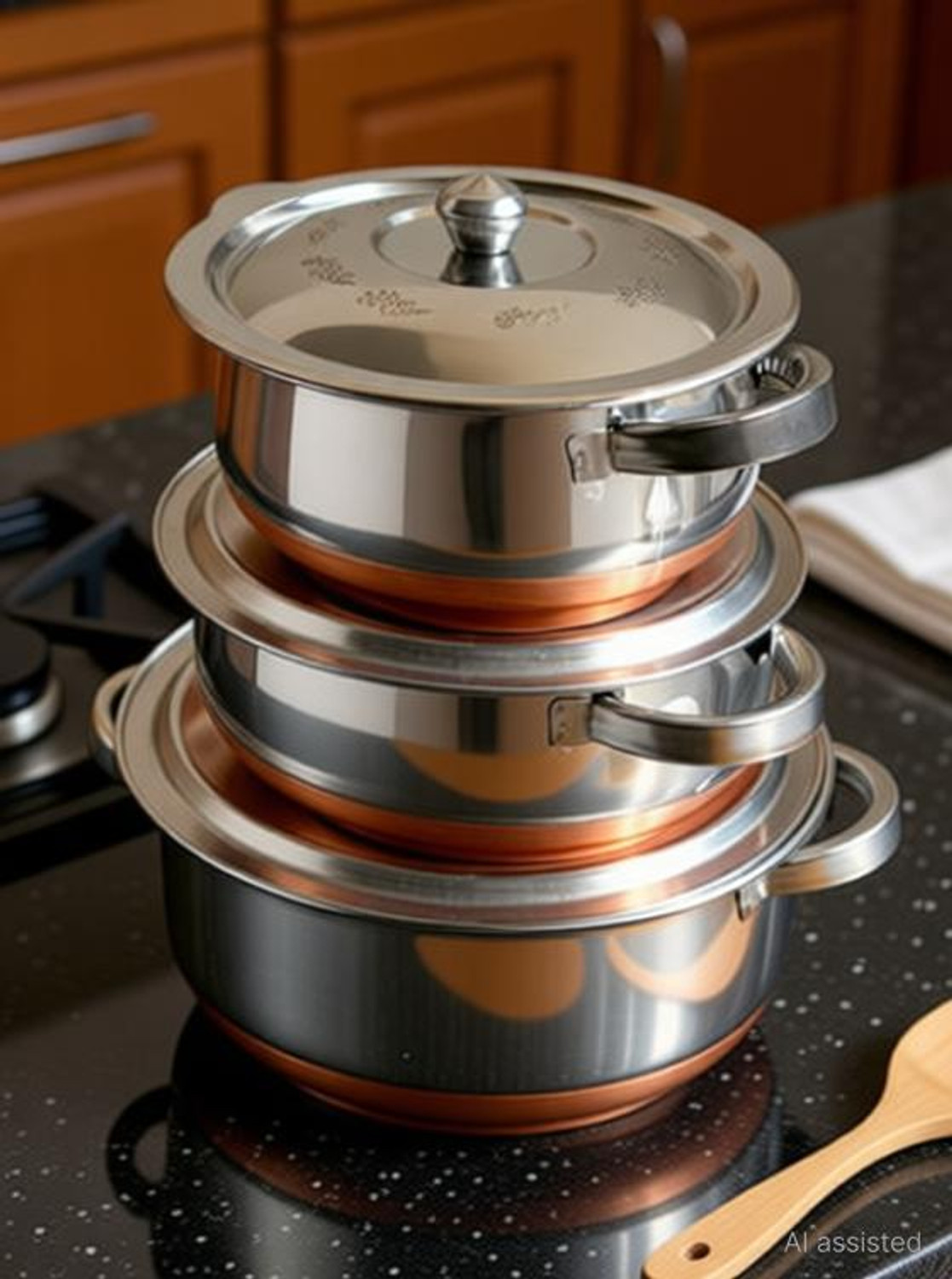 Image of KRB, Copper Handi Set 3 Pc Serving Cooking Bowl With Lid Handi 0.7 L, 1.5 L, 2 L with Lid (Stainless Steel)