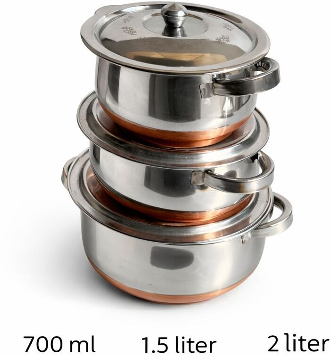 Image of KRB, Copper Handi Set 3 Pc Serving Cooking Bowl With Lid Handi 0.7 L, 1.5 L, 2 L with Lid (Stainless Steel)