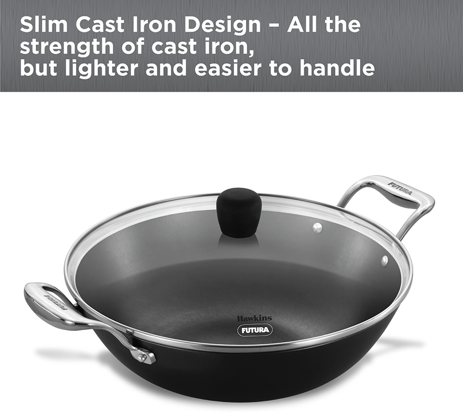 Image of Hawkins Futura Ironman Slim Cast Iron Kadai (IMK40G) Kadhai 29 cm diameter with Lid 4 L capacity