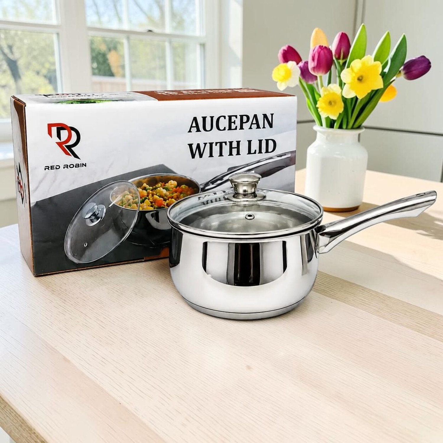 Image of Red Robin Stainless Steel Saucepan 14 cm 1L with Glass Lid Base Kitchen Pan Sauce Pan 14 cm diameter with Lid 1 L capacity (Glass, Stainless Steel, Non-stick, Induction Bottom)