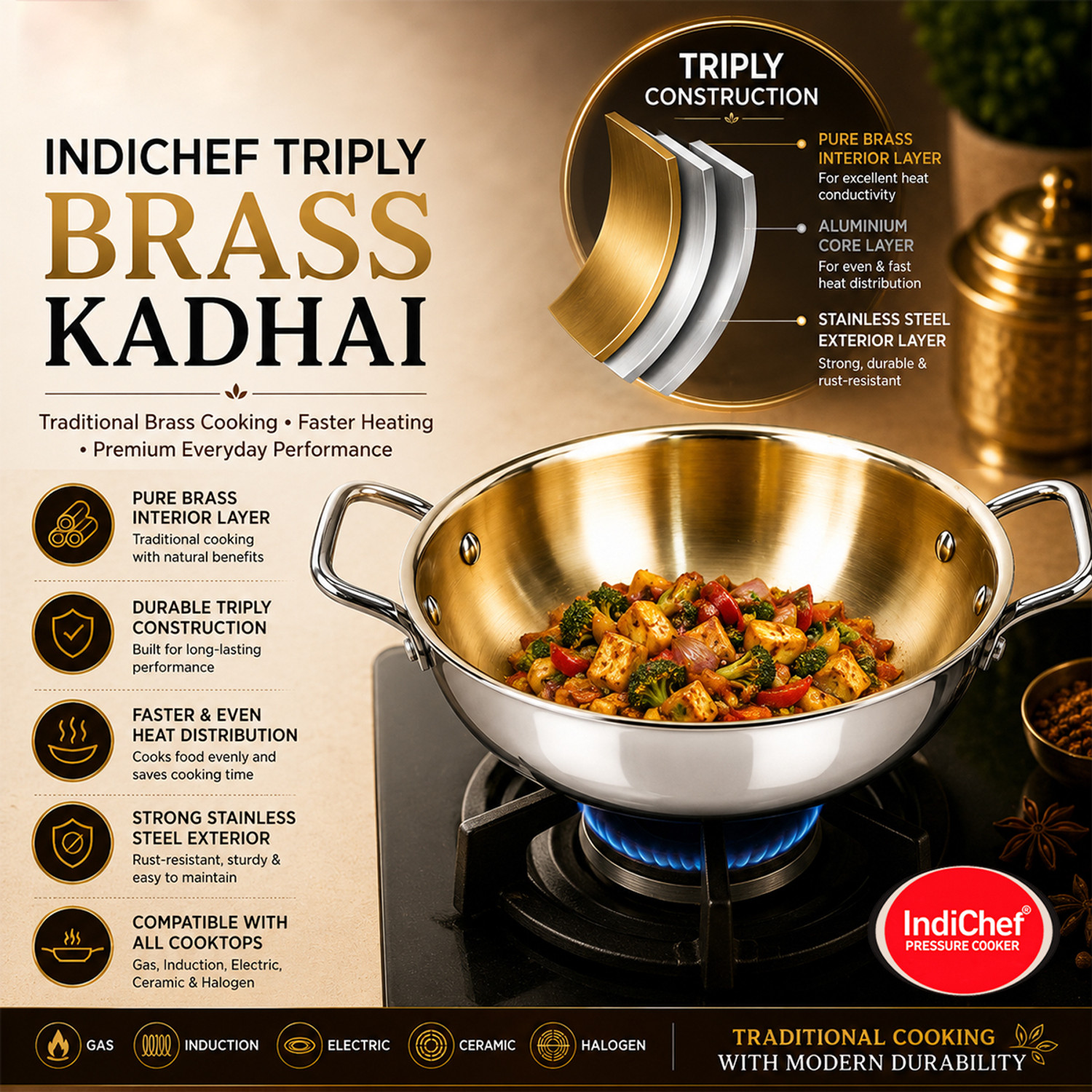 Image of IndiChef Brass Triply Kadahi in Heavy Weight | Gas Stove & Induction Friendly Kadhai 26 cm diameter 3 L capacity (Brass, Non-stick, Induction Bottom)
