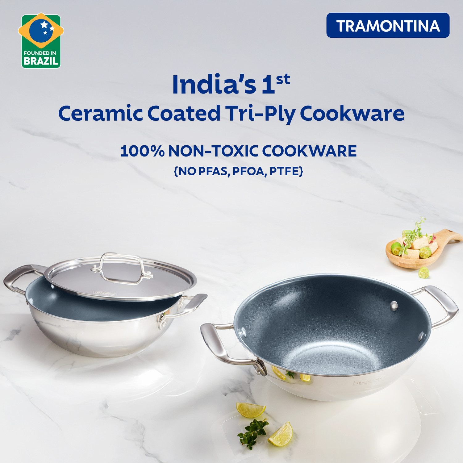 Image of Tramontina Fusao EX+ Healthy Ceramic|Curry| Deep Fry|Stir Fry Kadhai 26 cm diameter with Lid 3.7 L capacity