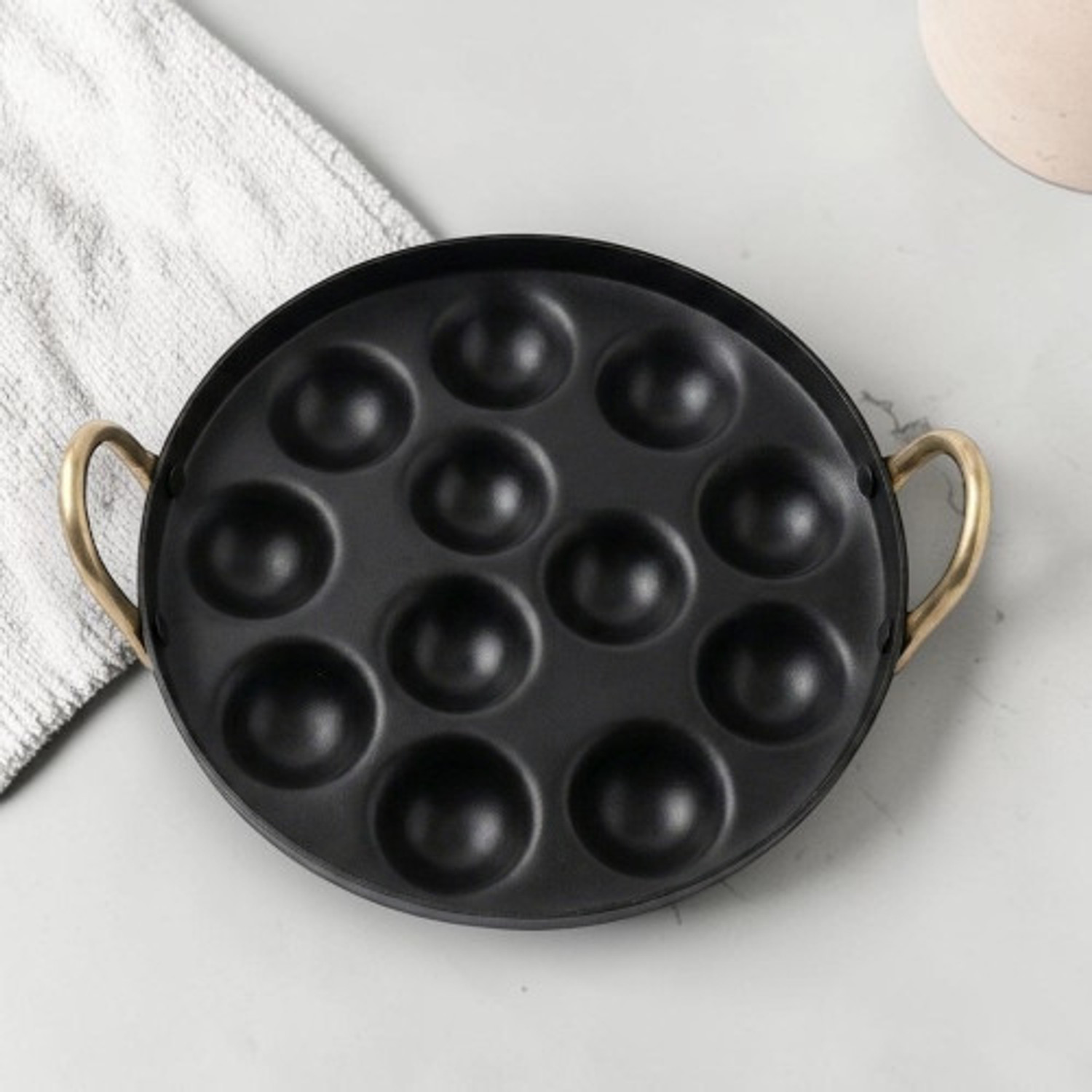Image of MATHI TRADERS Iron Appam Pan with Brass Handles, 12 Cavity Chetty Pan 11 cm diameter with Lid 0.5 L capacity (Iron)