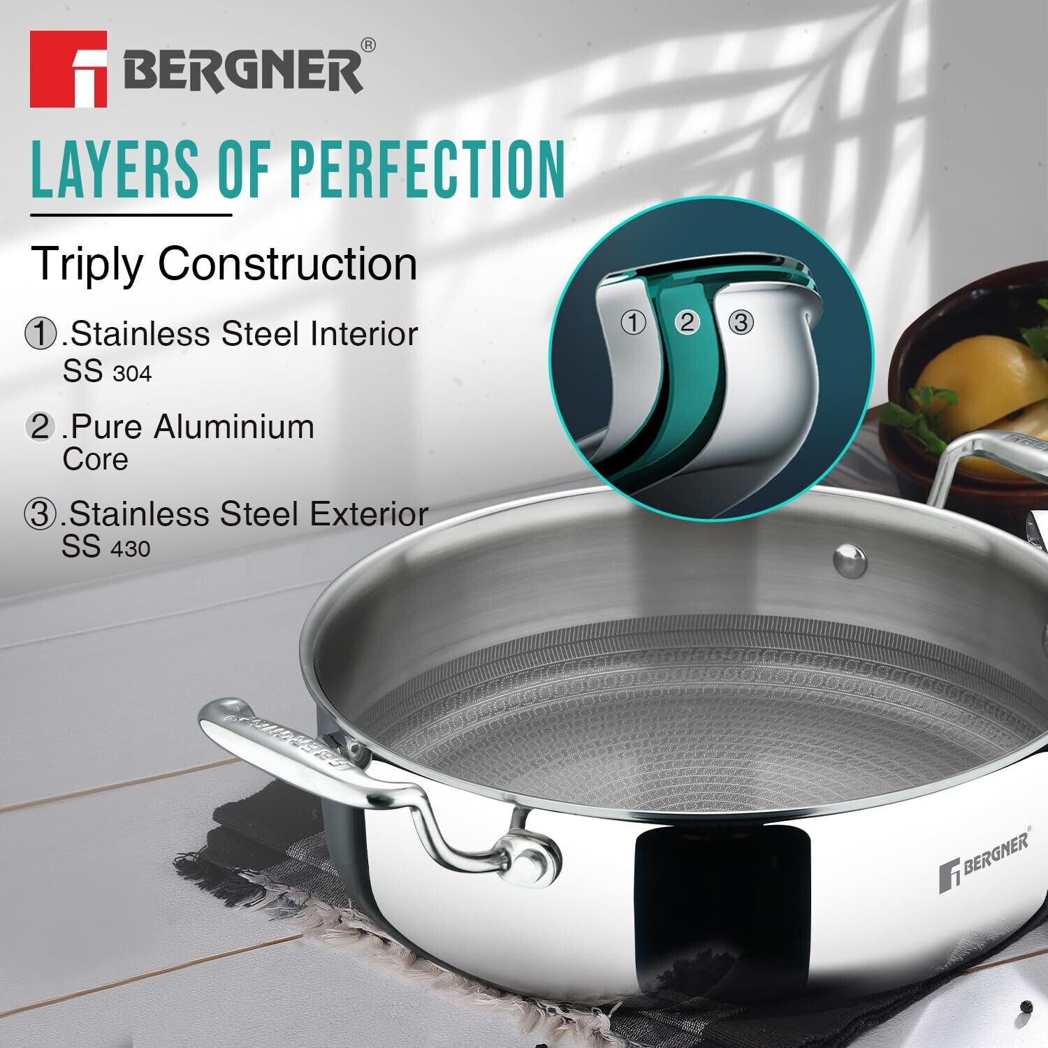 Image of BERGNER Hi-Tech Giro X Ceramic Serving Pan, Non Toxic, Pan Protector Included | Pot 28 cm diameter 5.7 L capacity with Lid