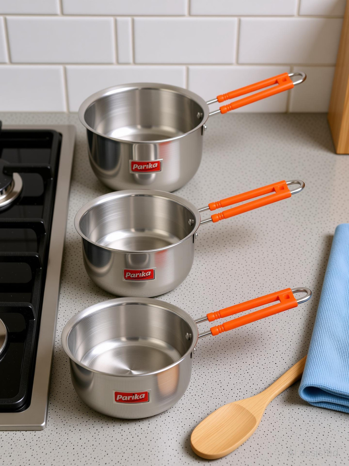 Image of Parika Stainless Steel Saucepan | Gas & Induction Compatible Durable Kitchen Cookware Sauce Pan 20 cm, 18 cm, 16 cm diameter 2 L, 1.5 L, 1 L capacity