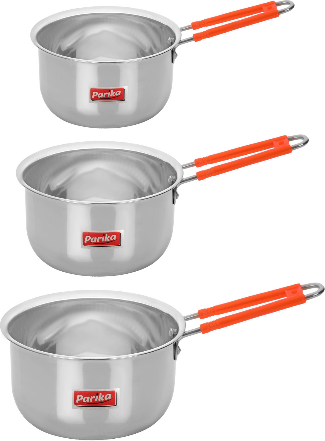 Image of Parika Stainless Steel Saucepan | Gas & Induction Compatible Durable Kitchen Cookware Sauce Pan 20 cm, 18 cm, 16 cm diameter 2 L, 1.5 L, 1 L capacity
