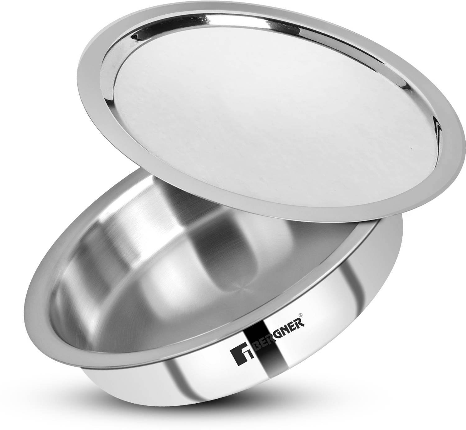 BERGNER Bergner Argent TriPly Stainless Steel Lagdi with Lid, Shallow Tope with Lid Tope/Bhagona/Patila Set with Lid 1.7 L capacity 22 cm diameter
