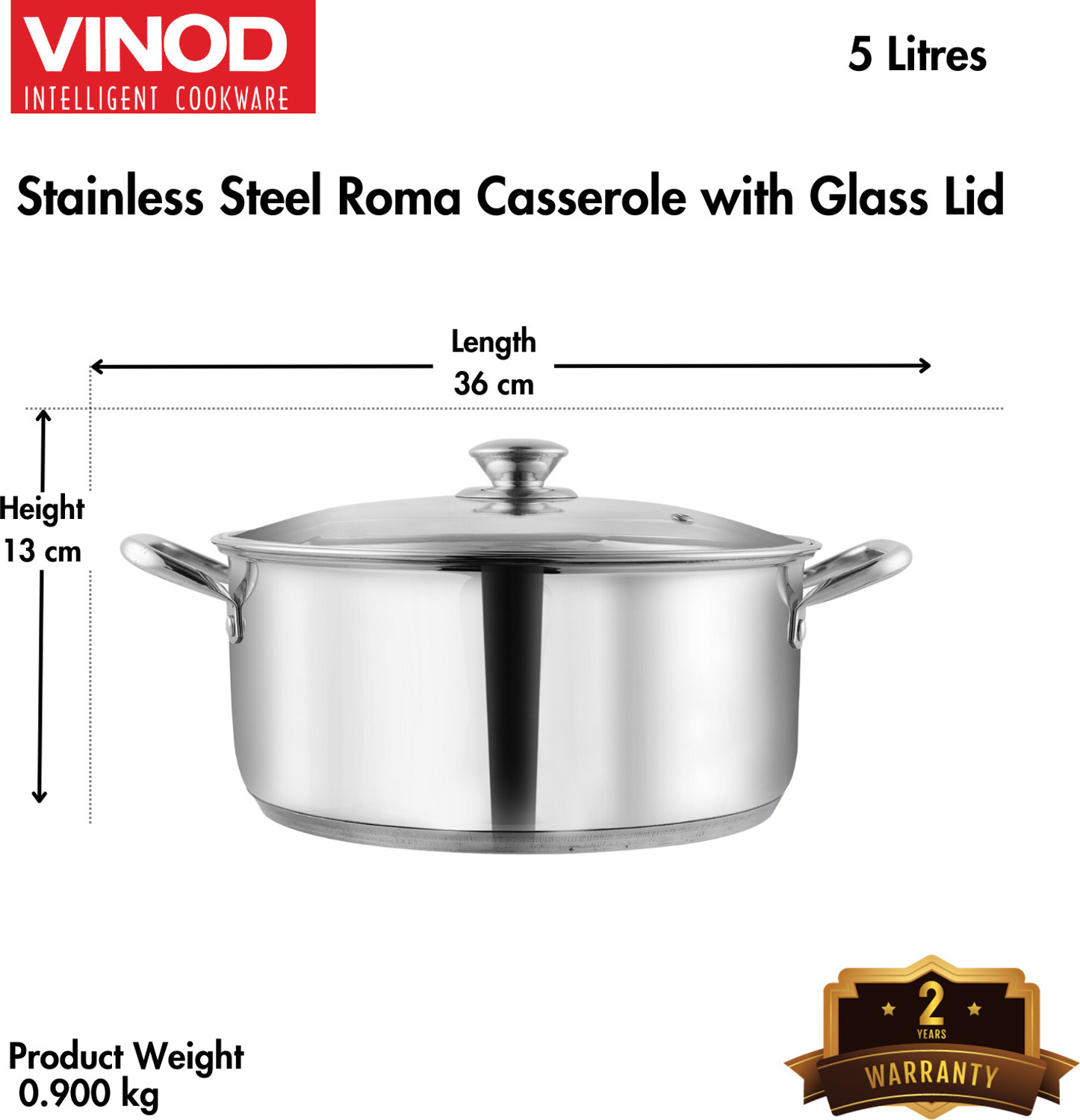 Image of VINOD Stainless Steel Roma Saucepot with Glass Lid Pot 29 cm diameter 5 L capacity with Lid