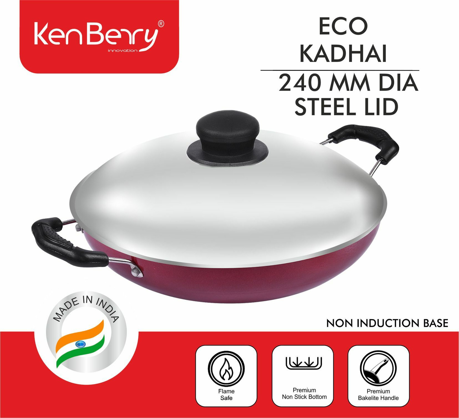 Image of KenBerry Eco Non Induction Base Superior Non Stick Coated With Steel Lid Kadhai 24 cm diameter with Lid 2.4 L capacity