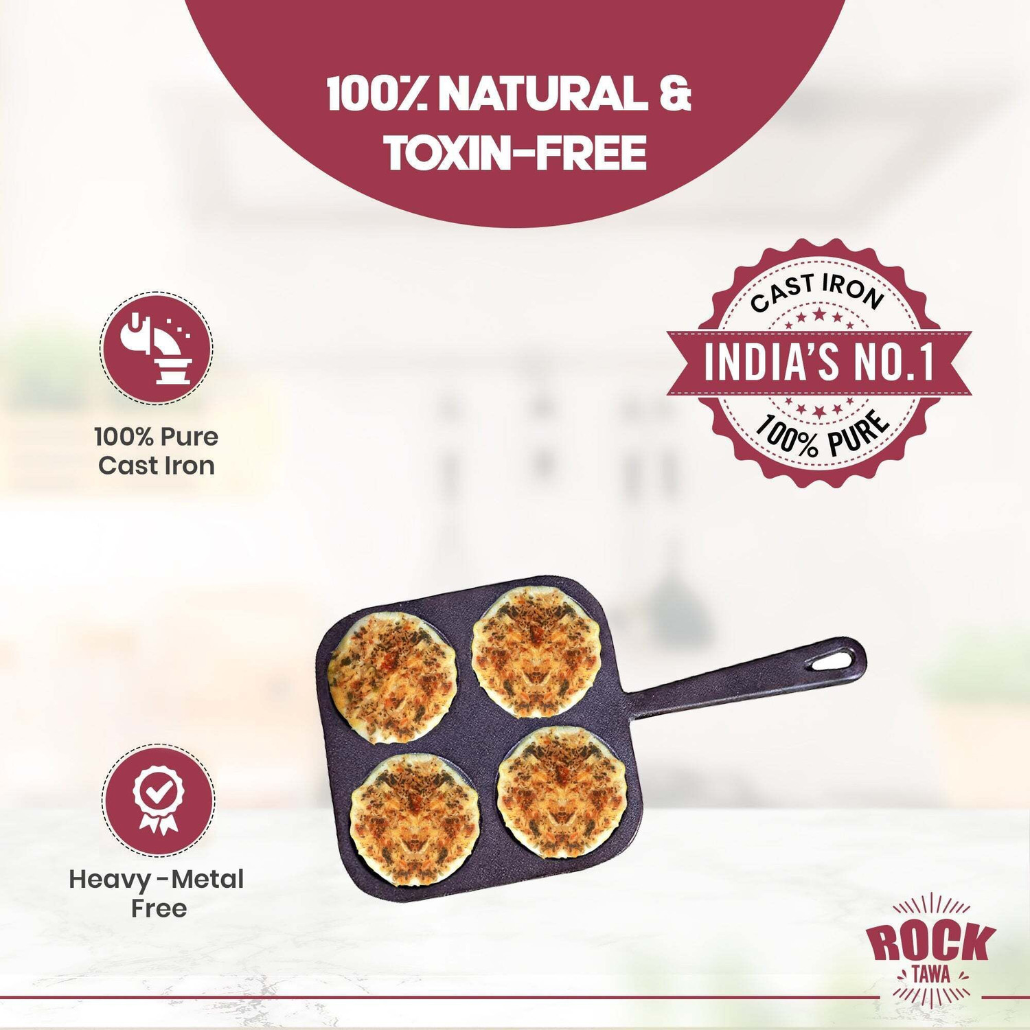 Image of Rock Tawa Cast Iron 4Cv Mini Uthappam, Omelets Pancake Pan 7.5Inch Pre-Seasoned Pancake Pan 8 cm diameter 0.2 L capacity