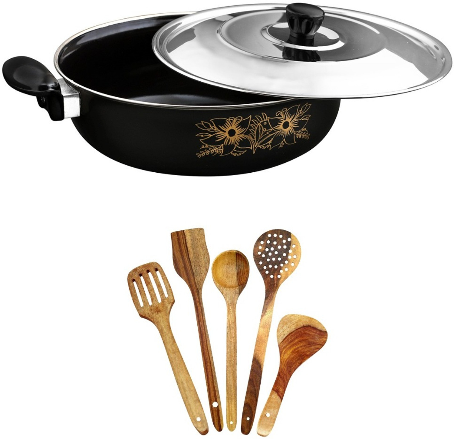 Image of Cook Pro Cookpro |Black kadai /kadhai /karahi with lid and 5pcs multipurpose spatula set Kadhai 26 cm diameter with Lid 3.5 L capacity