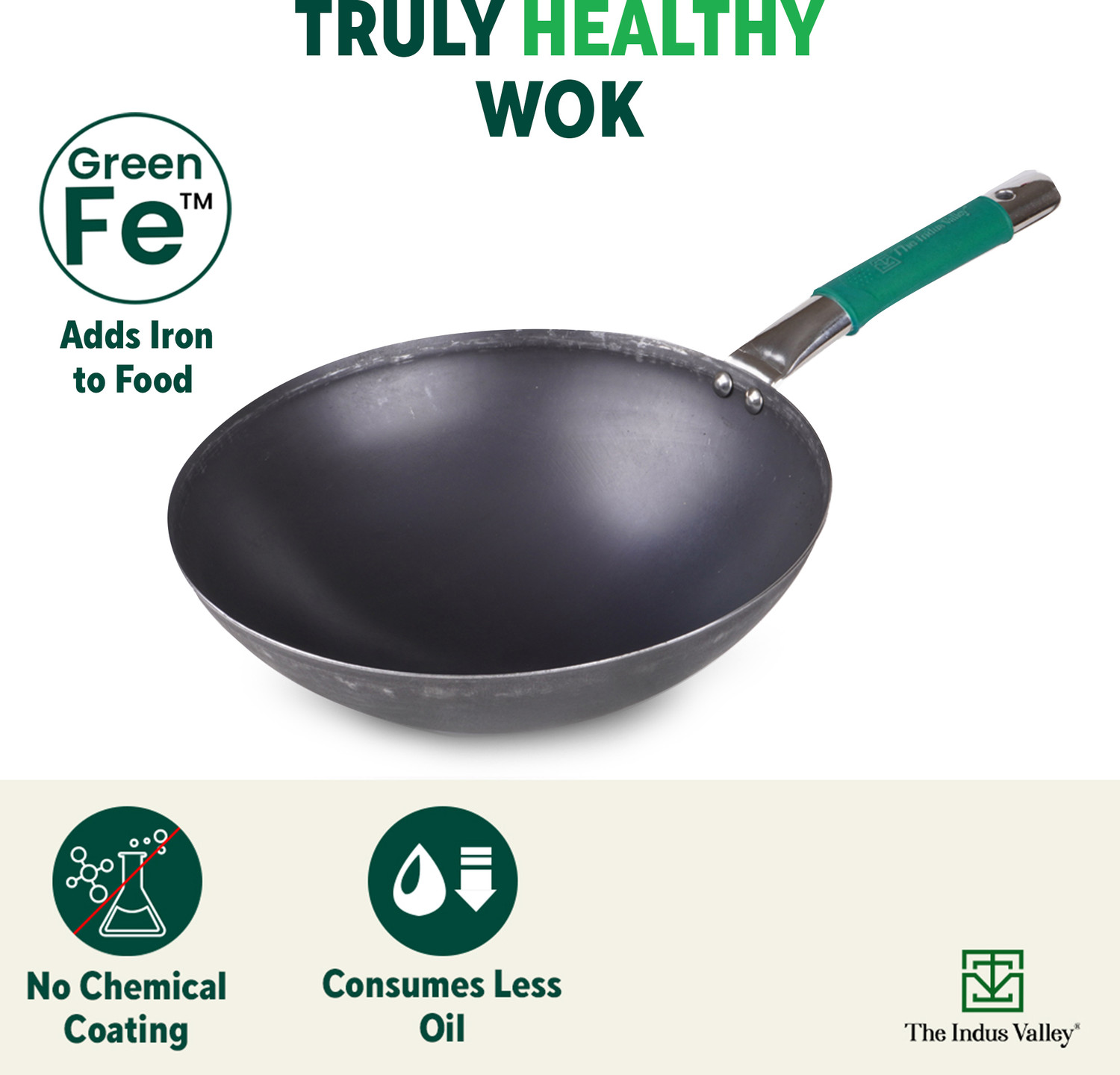 Image of The Indus Valley Pre-seasoned Light Iron Wok with Long Handle & Silicone Grip - 12.1 inch Chinese Wok 3.5 L capacity 30.8 cm diameter (Iron)