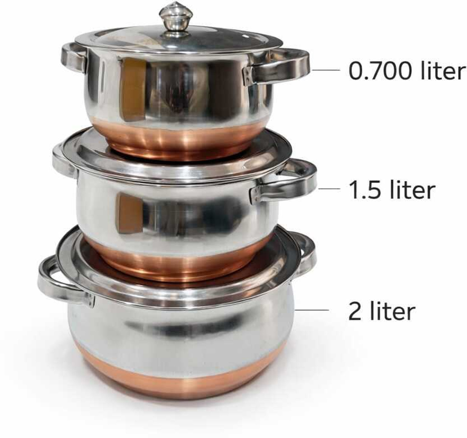 Image of KRB, Copper Handi Set 3 Pc Serving Cooking Bowl With Lid Handi 0.7 L, 1.5 L, 2 L with Lid (Stainless Steel)