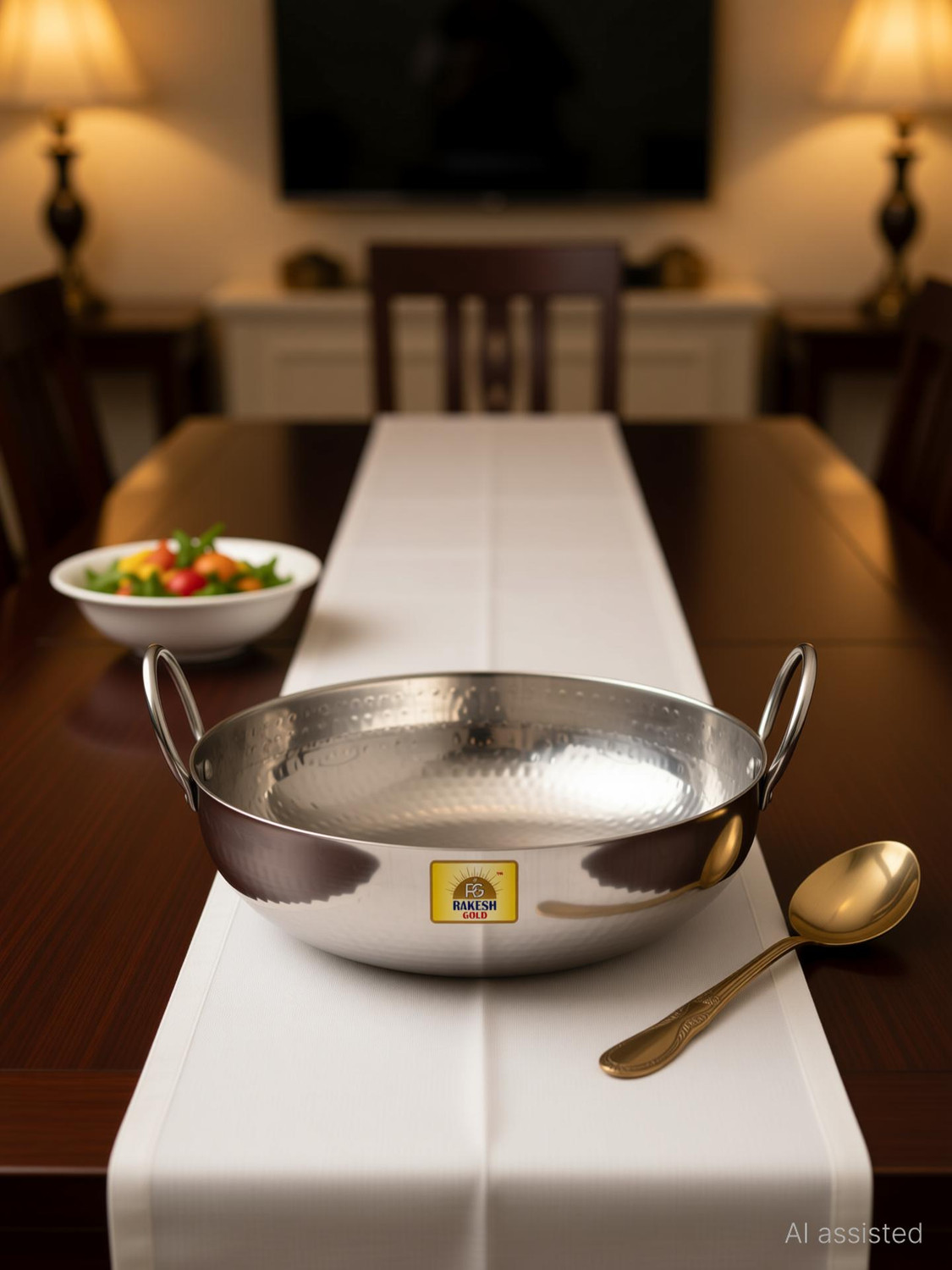 Image of Rakesh Gold Stainless steel heavy bottom for kadhai Kitchen | Hammered steel kadhai cooking Kadhai 35 cm diameter 7.5 L capacity