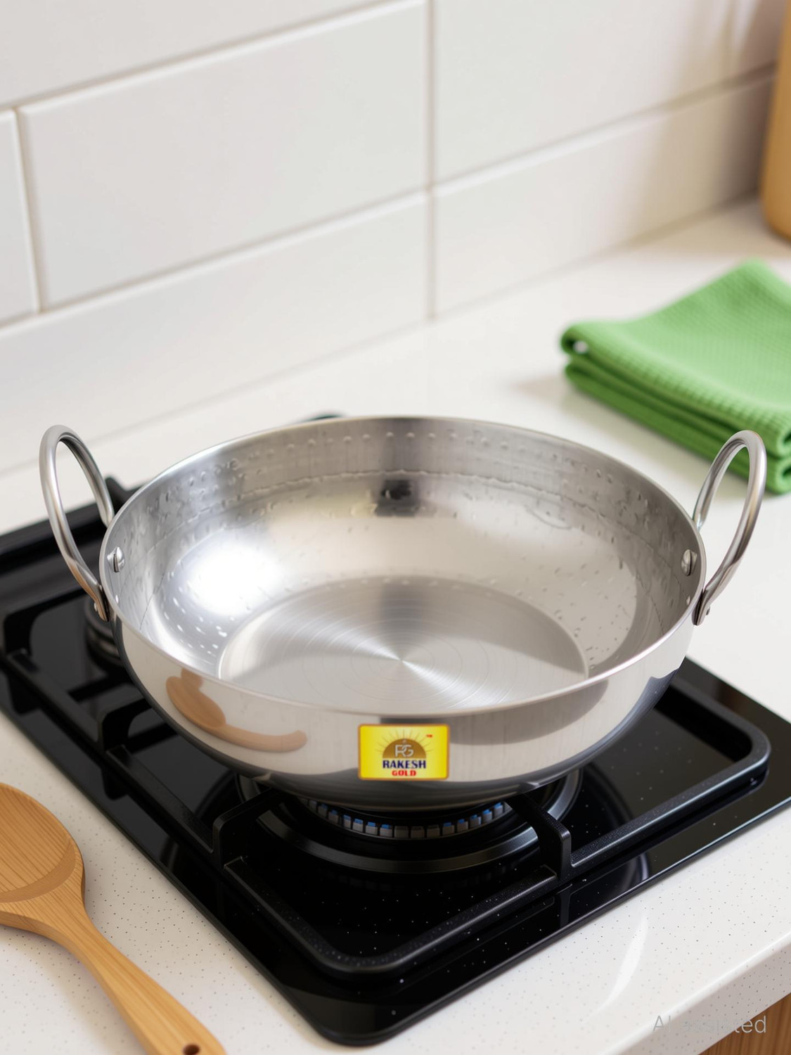 Image of Rakesh Gold Stainless steel heavy bottom for kadhai Kitchen | Hammered steel kadhai cooking Kadhai 35 cm diameter 7.5 L capacity
