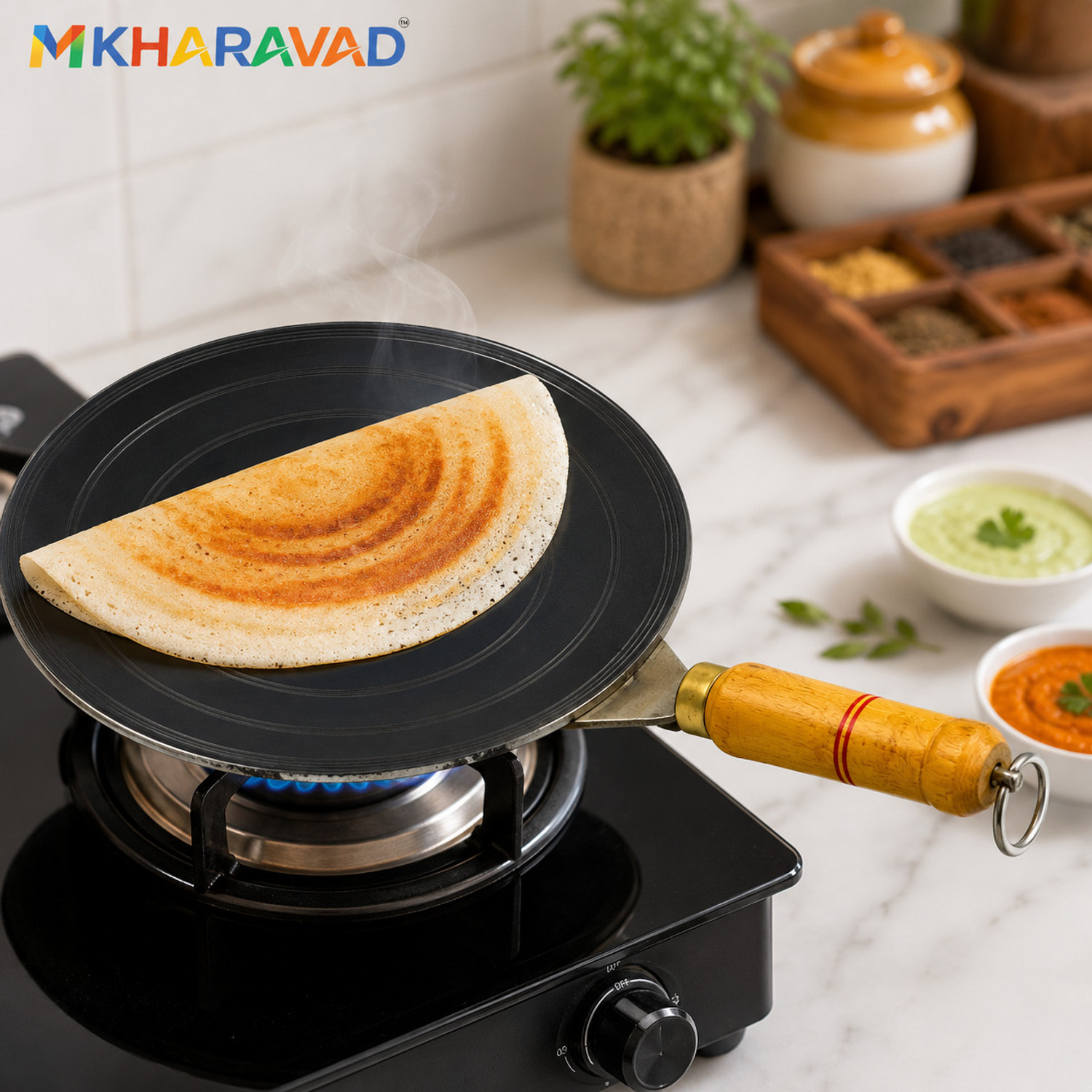 Image of M KHARAVAD Iron Tawa with Wooden Handle (10 inch), Naturally Non-Stick Tawa 24 cm diameter