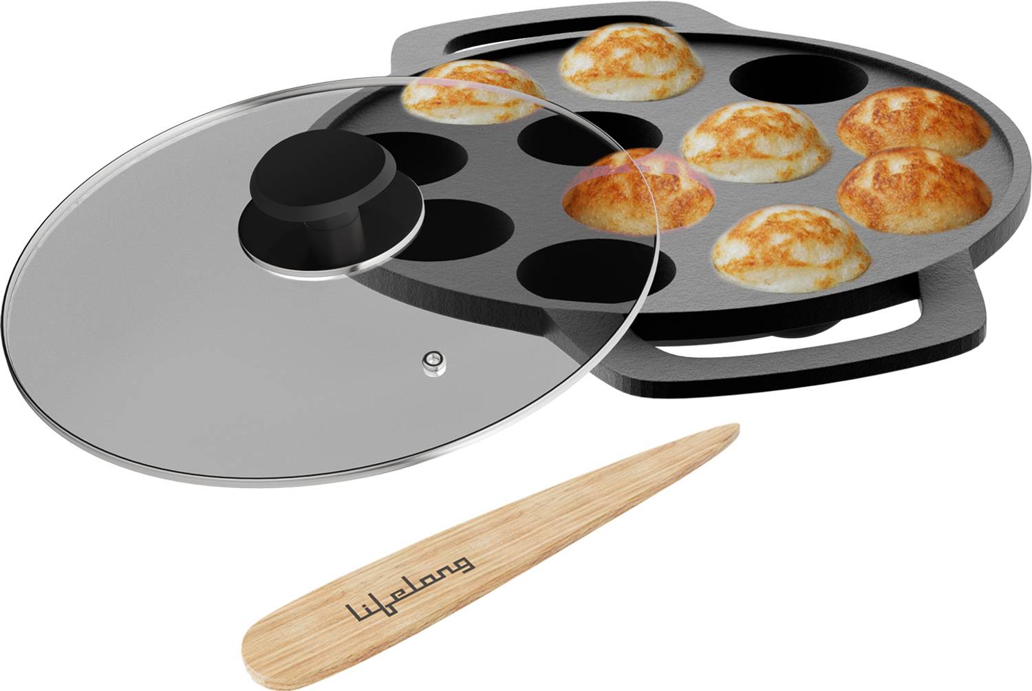 Lifelong Cast Iron with Glass Lid | Paniyaram Pan 12 Pits | 2.38kg Pan Paniarakkal Pan 21 cm diameter 1.5 L capacity